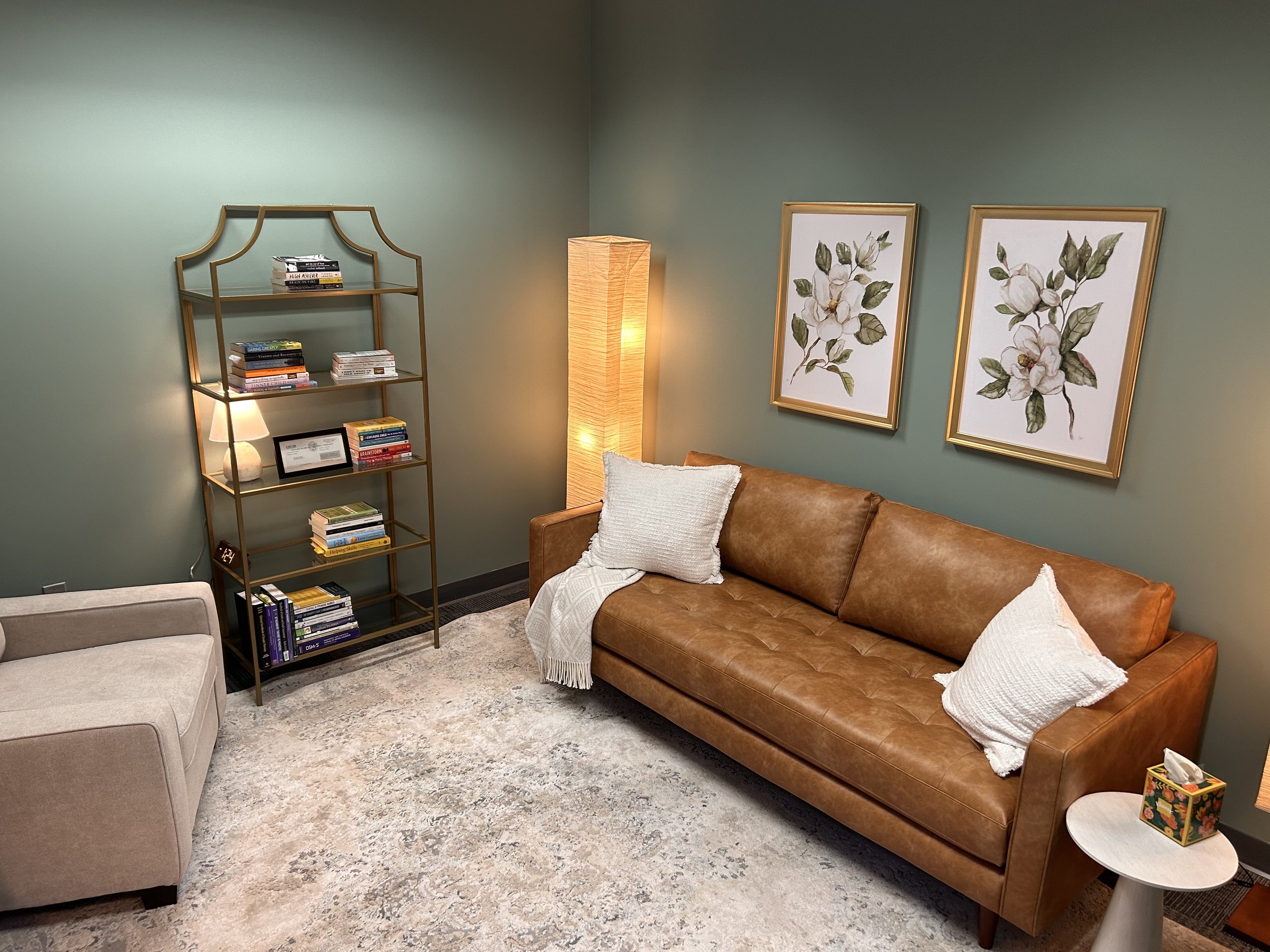 Warm therapy office with upholstered seating at Magnolia Therapy in Roseville