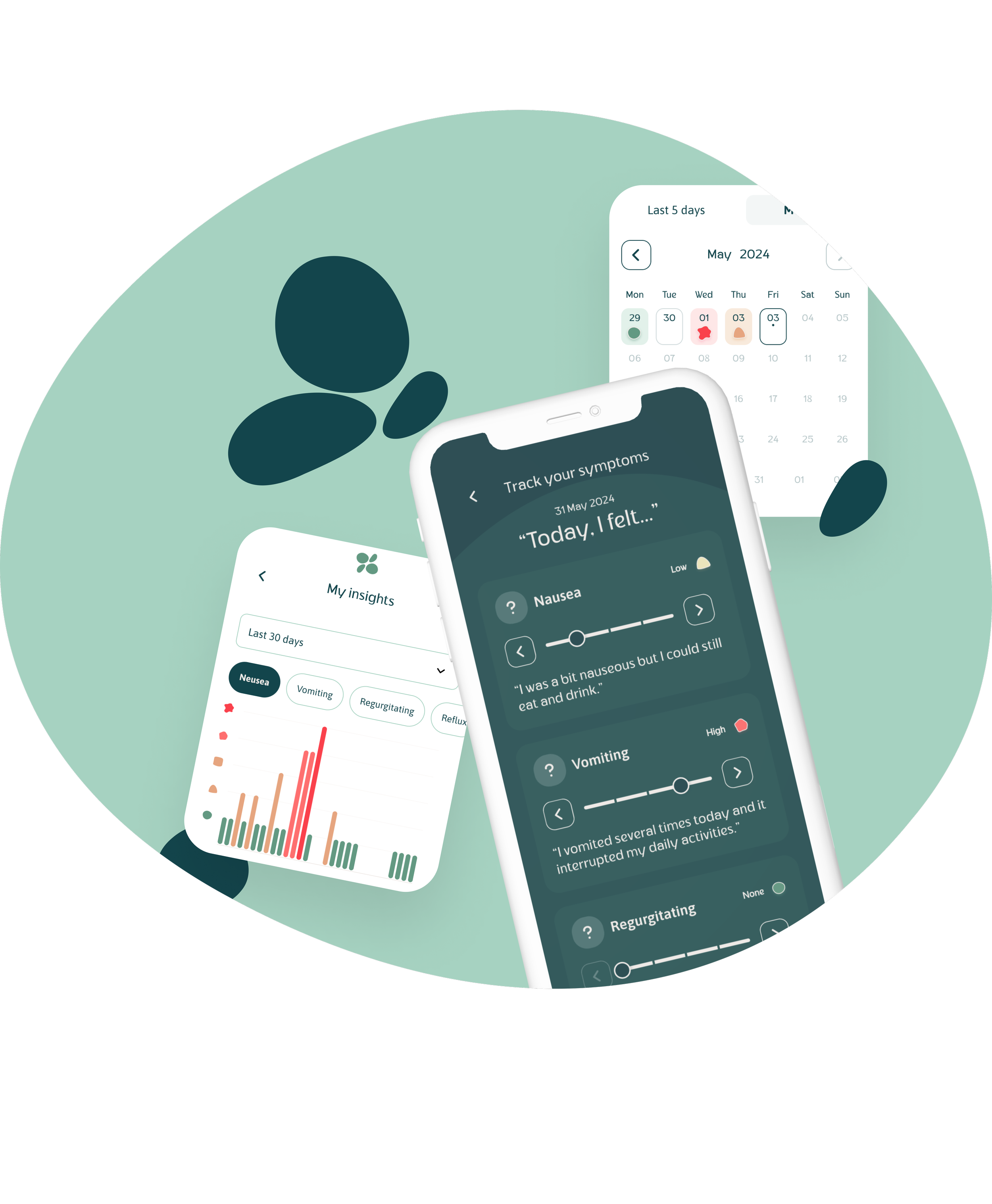 Mobile phone screens showing the Prospero Health tracking app with symptoms, insights, and calendar features, and dark background with abstract shapes.