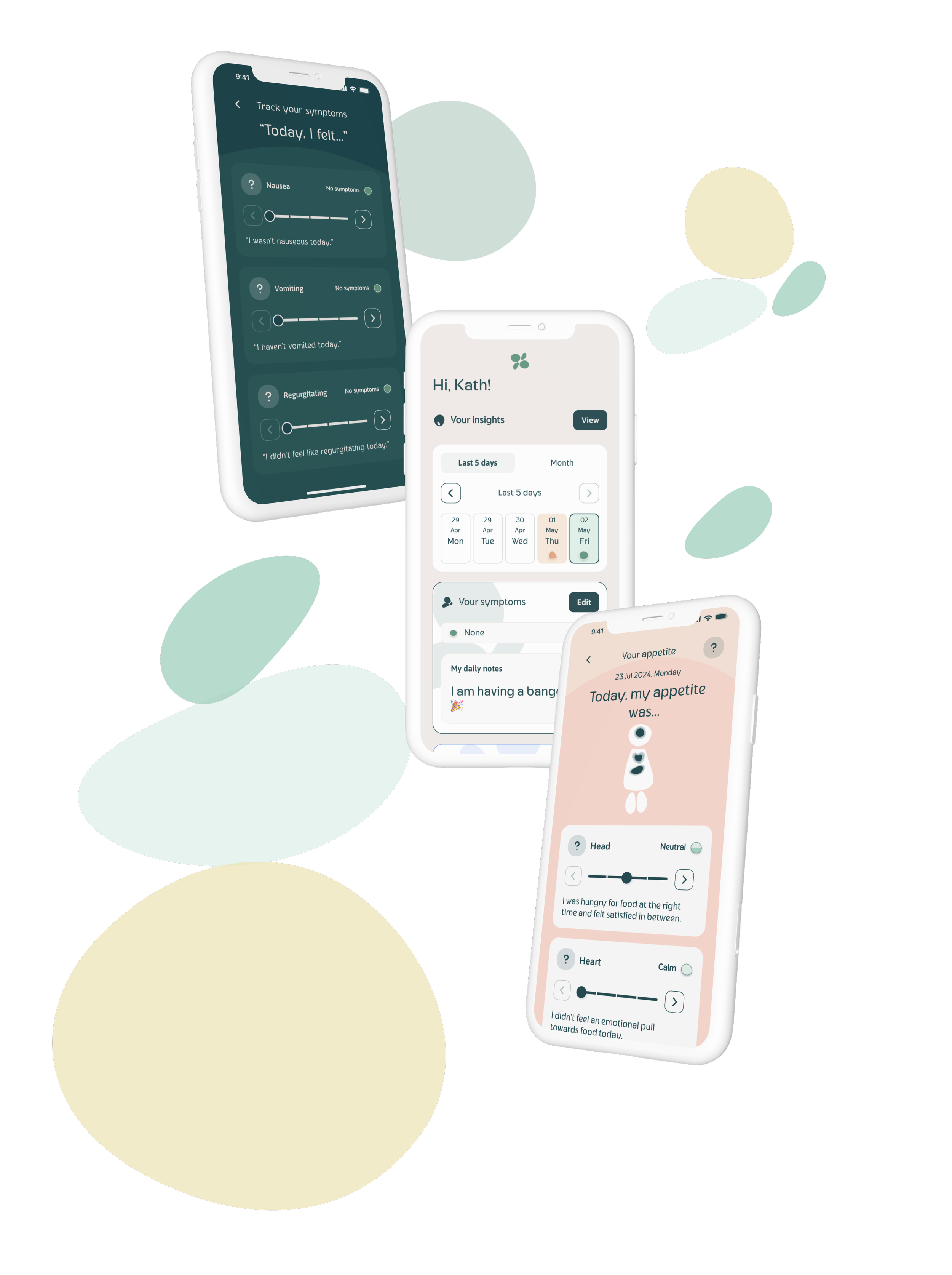 Three smartphones displaying Prospero Health app screens with various features like symptom tracking, insights, food intake, and emotional states, set against an abstract background with pastel-colored shapes.