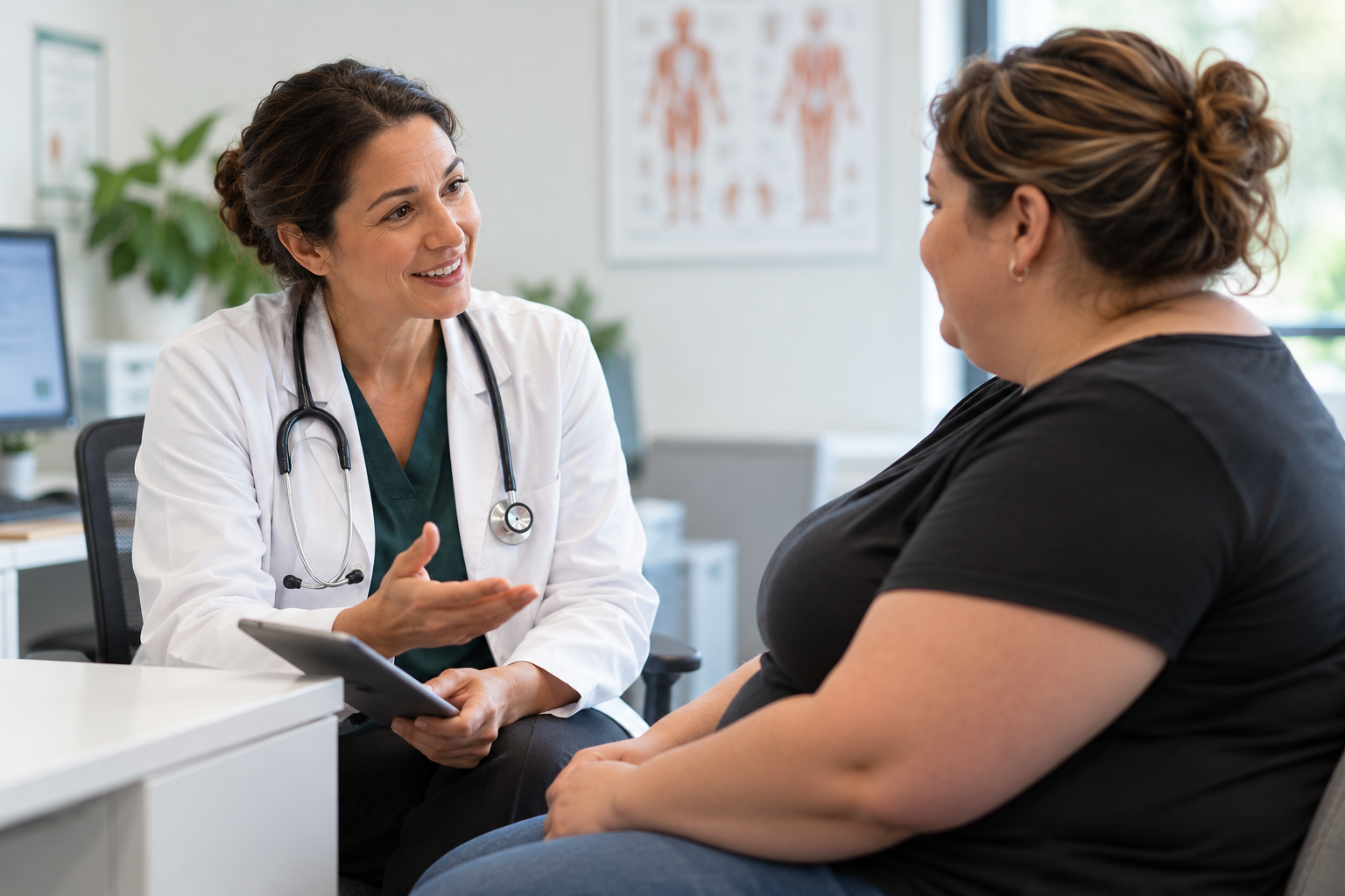 A doctor dressed in a white coat in consulting an obesity patient.