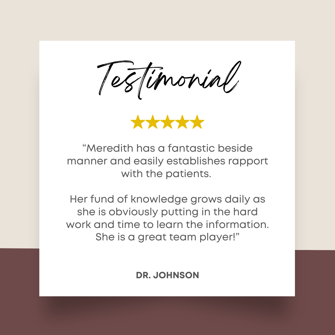 Testimonial card with five-star rating and praise for Meredith's bedside manner and teamwork, signed by Dr. Johnson.