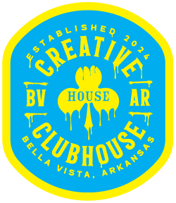 Circular logo with yellow and blue colors. Text reads 'Established 2024' at top, 'Creative' in large yellow letters in the center with a paintbrush illustration, 'by Clurhousy' at bottom, and 'House' and 'Arkansas' on the sides.