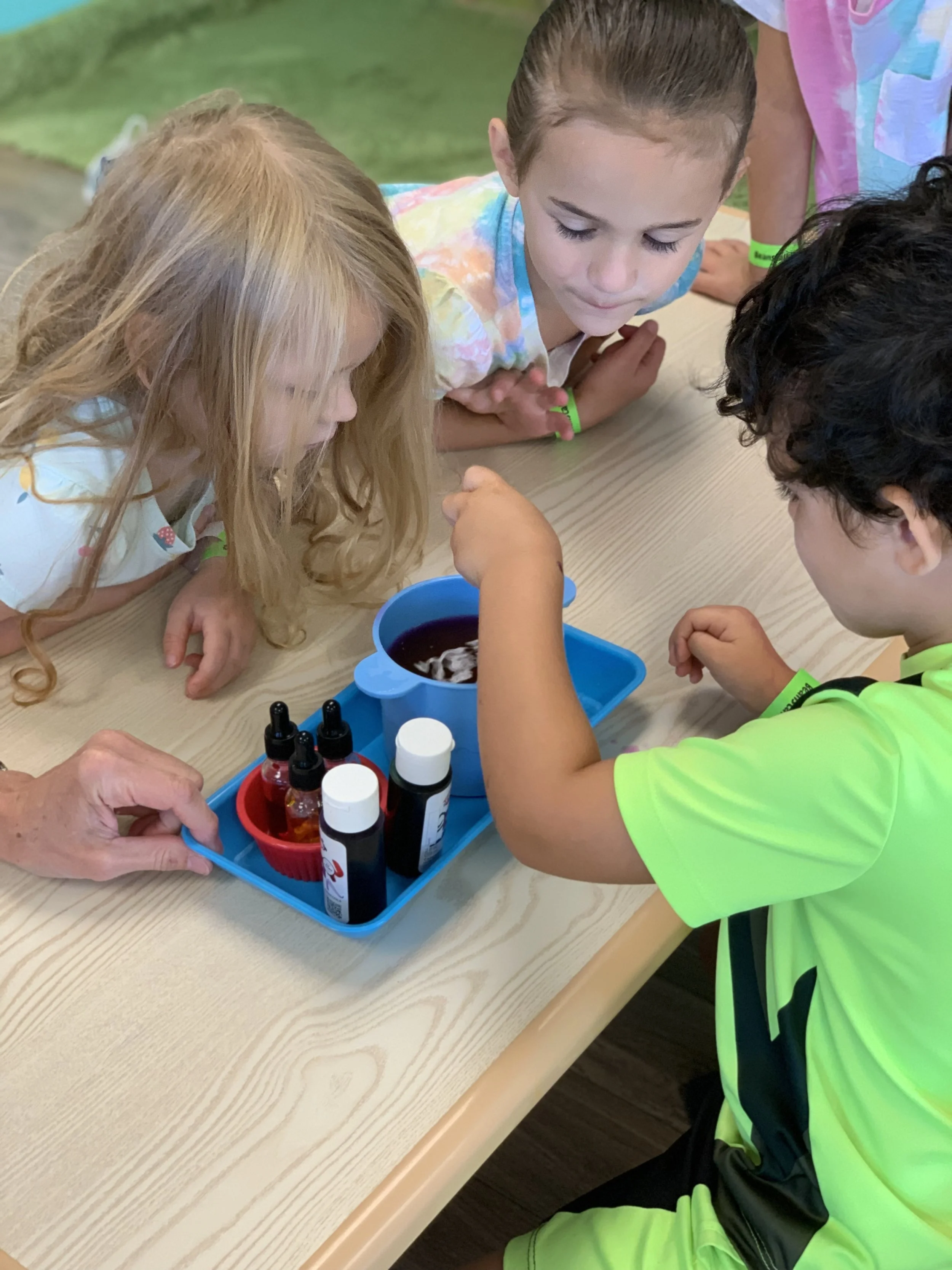 Children and an adult gathered around a table observing a science experiment with colored liquids and dropper bottles.
