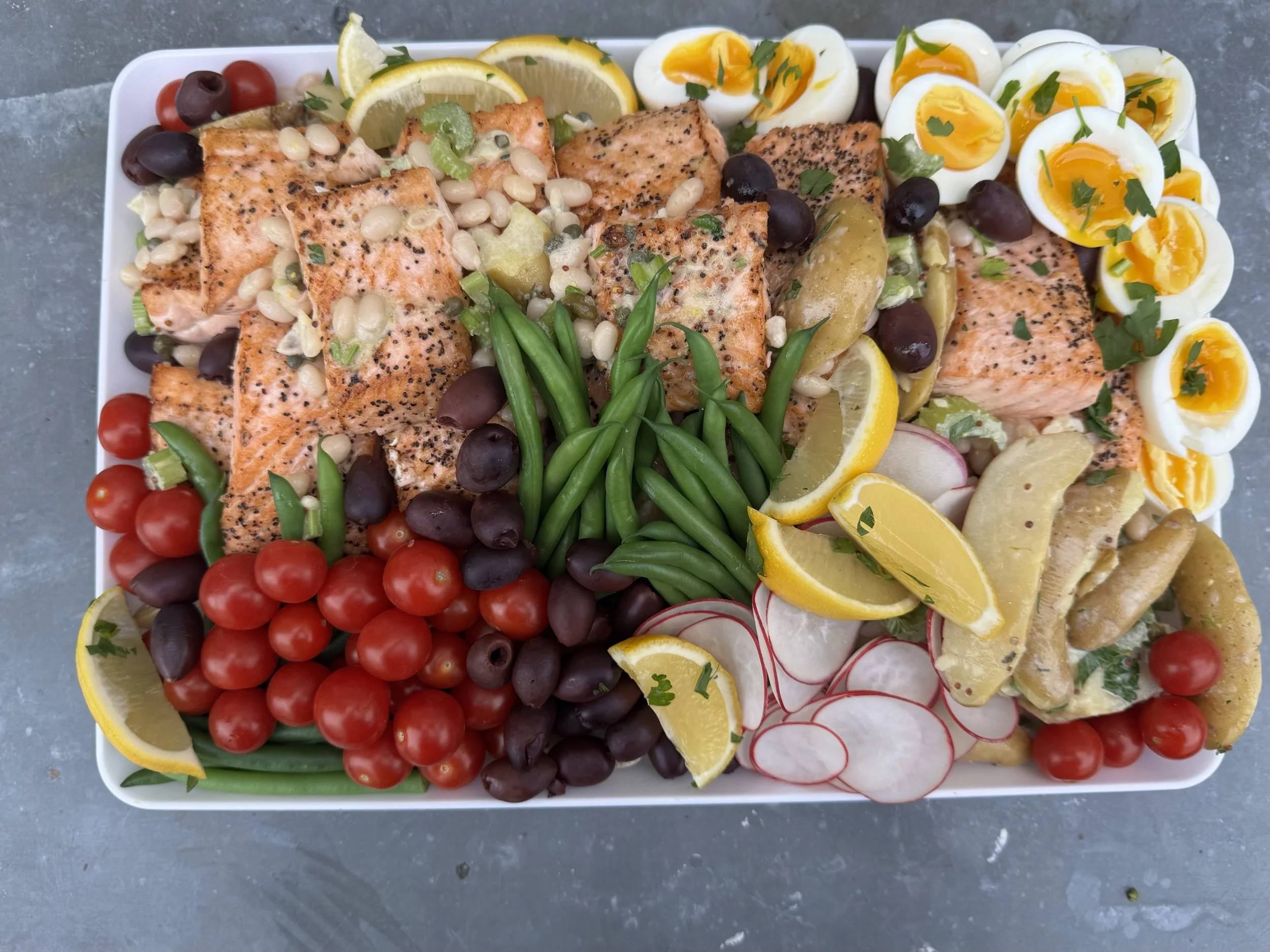 Platter of salmon and vegetables for drop-off catering in Carmel Valley