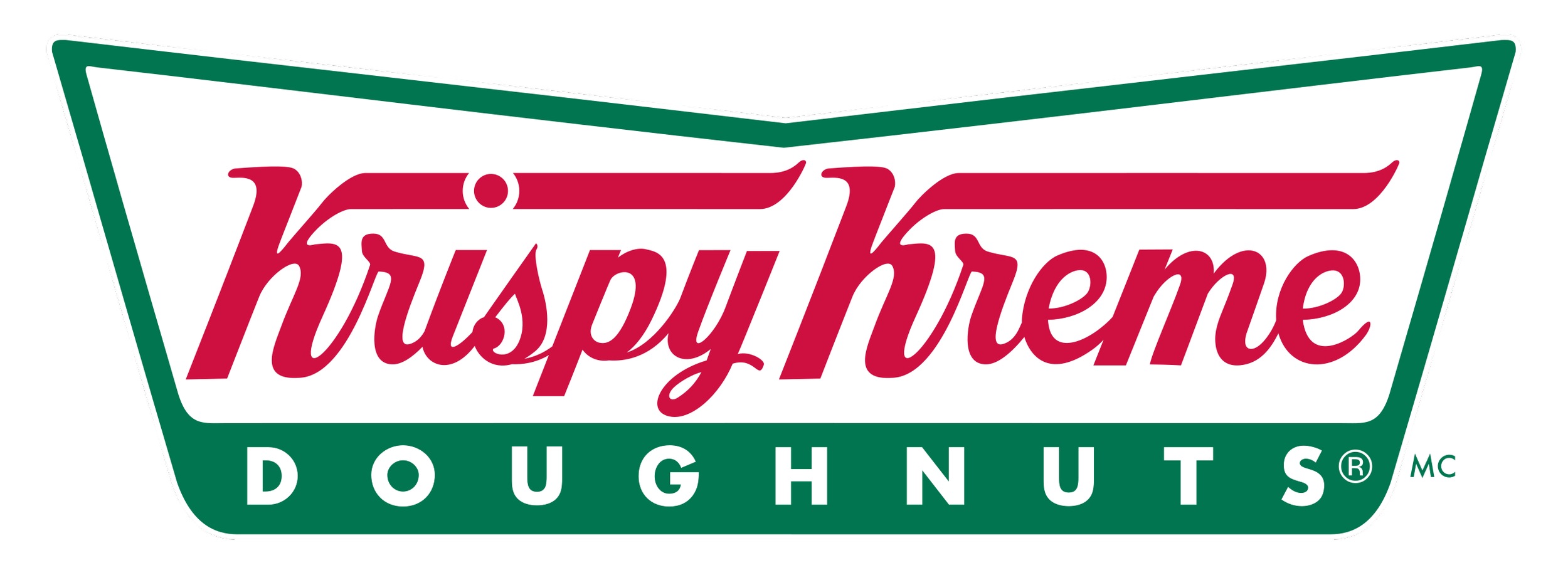 Logo of Krispy Kreme Doughnuts with red lettering on a white background and green accents.