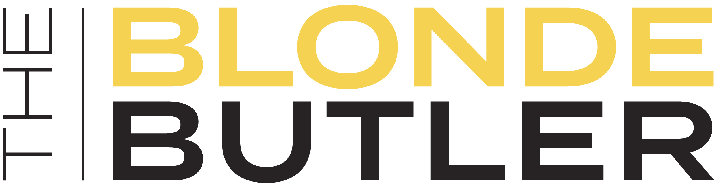 The image features the words "THE BLONDE BUTLER" in bold, uppercase letters with "THE" in black, "BLONDE" in yellow, and "BUTLER" in black.