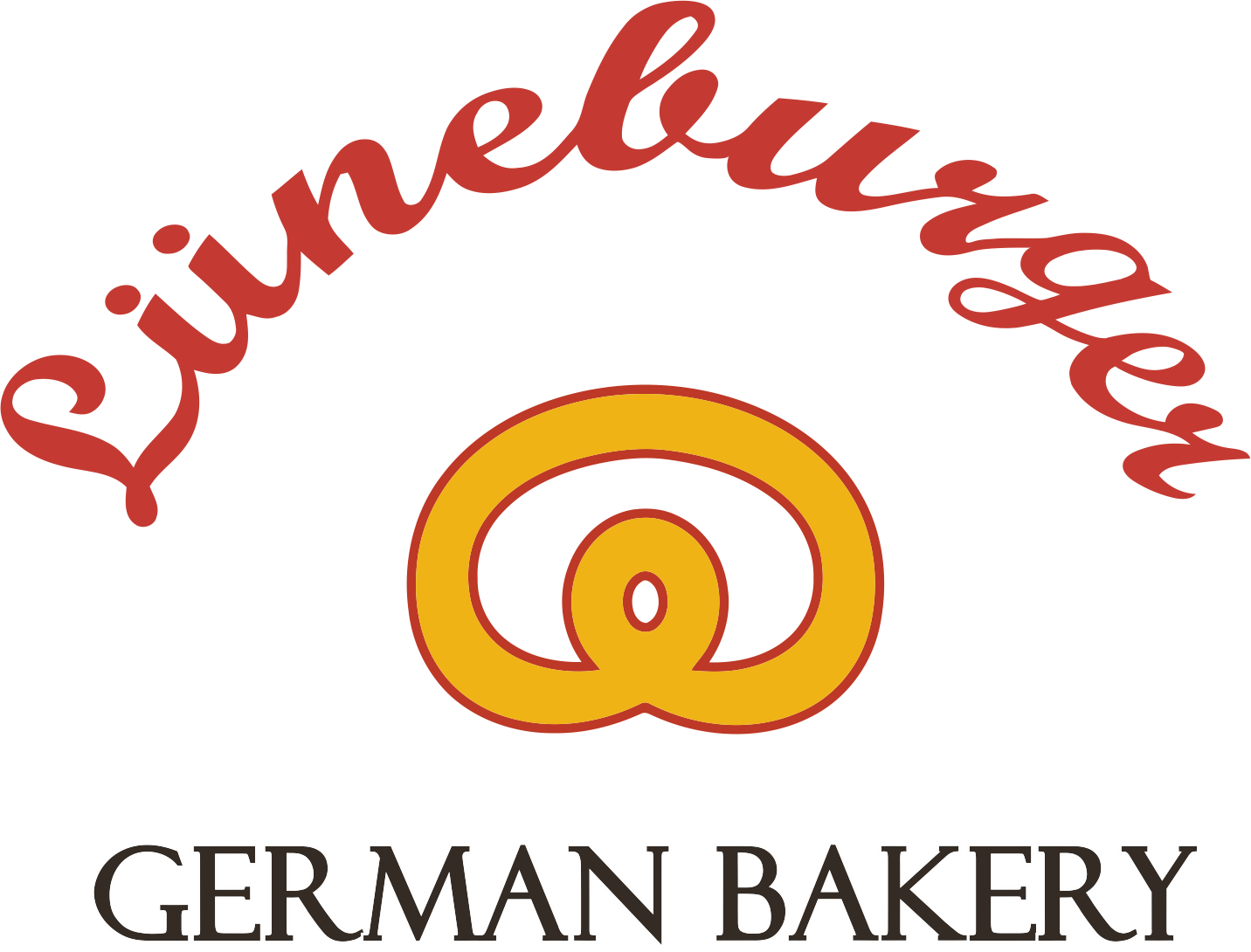 Logo of Sjuinglueken German Bakery with a pretzel icon and red and white text.