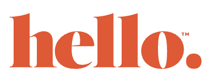 The word 'hello' in bright orange text on a white background.