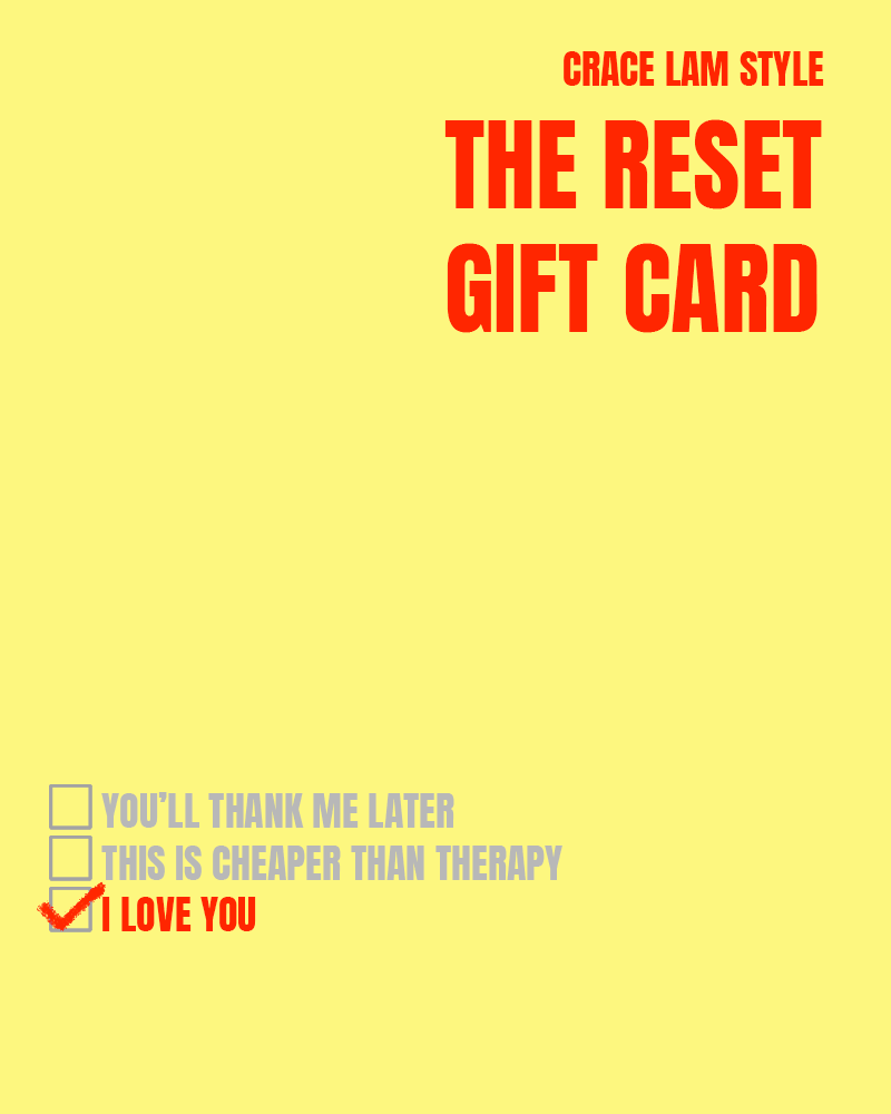 A yellow gift card with red and gray text. The card reads 'Grace Lam Style', 'The Reset Gift Card', and has three options: 'You'll thank me later,' 'This is cheaper than therapy,' and 'I love you.' The last option is checked with a red checkmark.