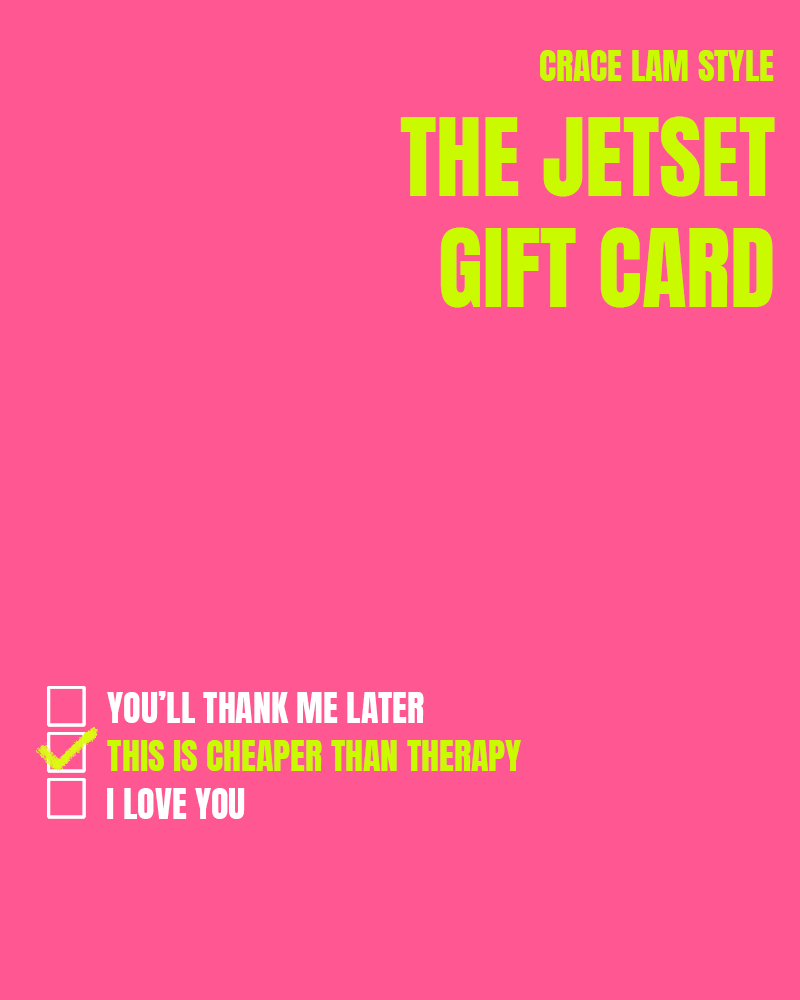 Pink gift card with bright green text that reads "The Jetset Gift Card" and a checkmark next to "This is cheaper than therapy."