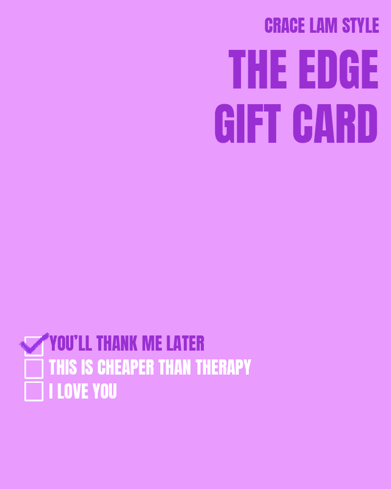 A purple gift card titled 'The Edge Gift Card' with options to check the box for 'You'll thank me later', 'This is cheaper than therapy', and 'I love you', with the first option checked.