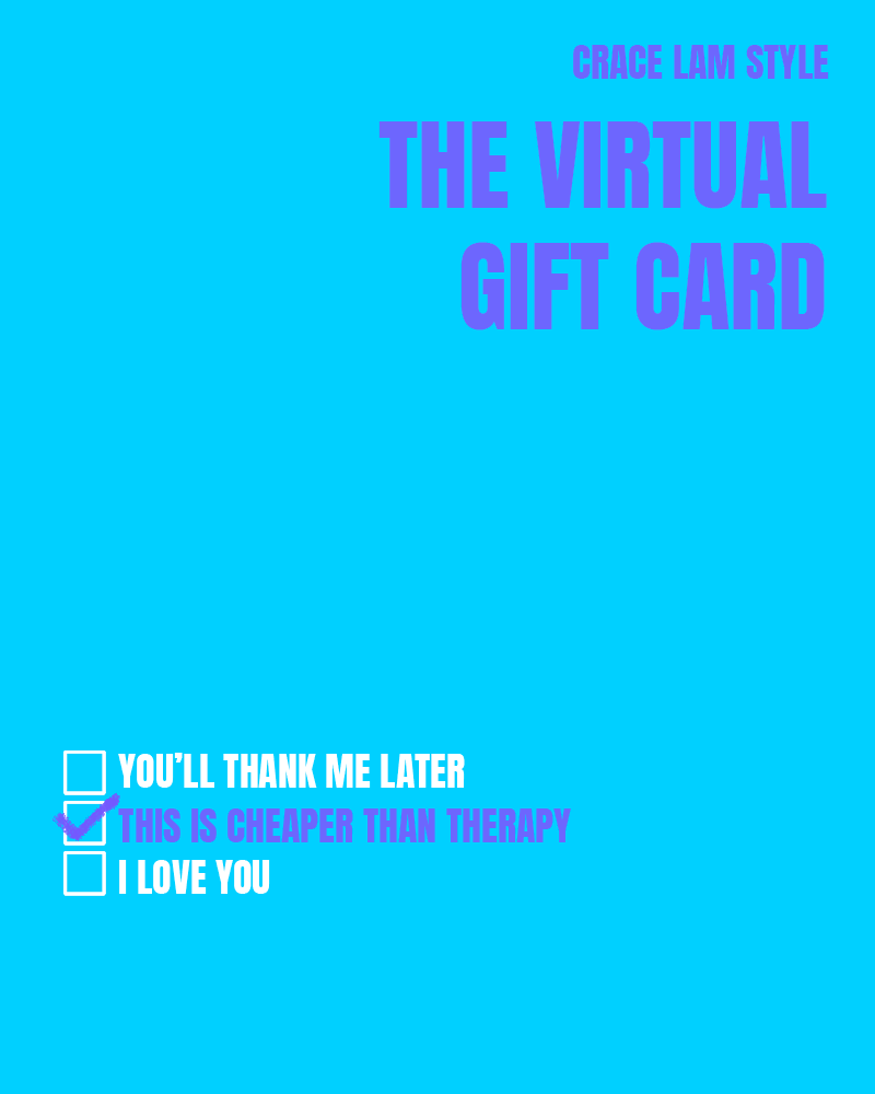 A bright blue virtual gift card stating 'The Virtual Gift Card' with options to select; the checked option reads 'This is cheaper than therapy'.
