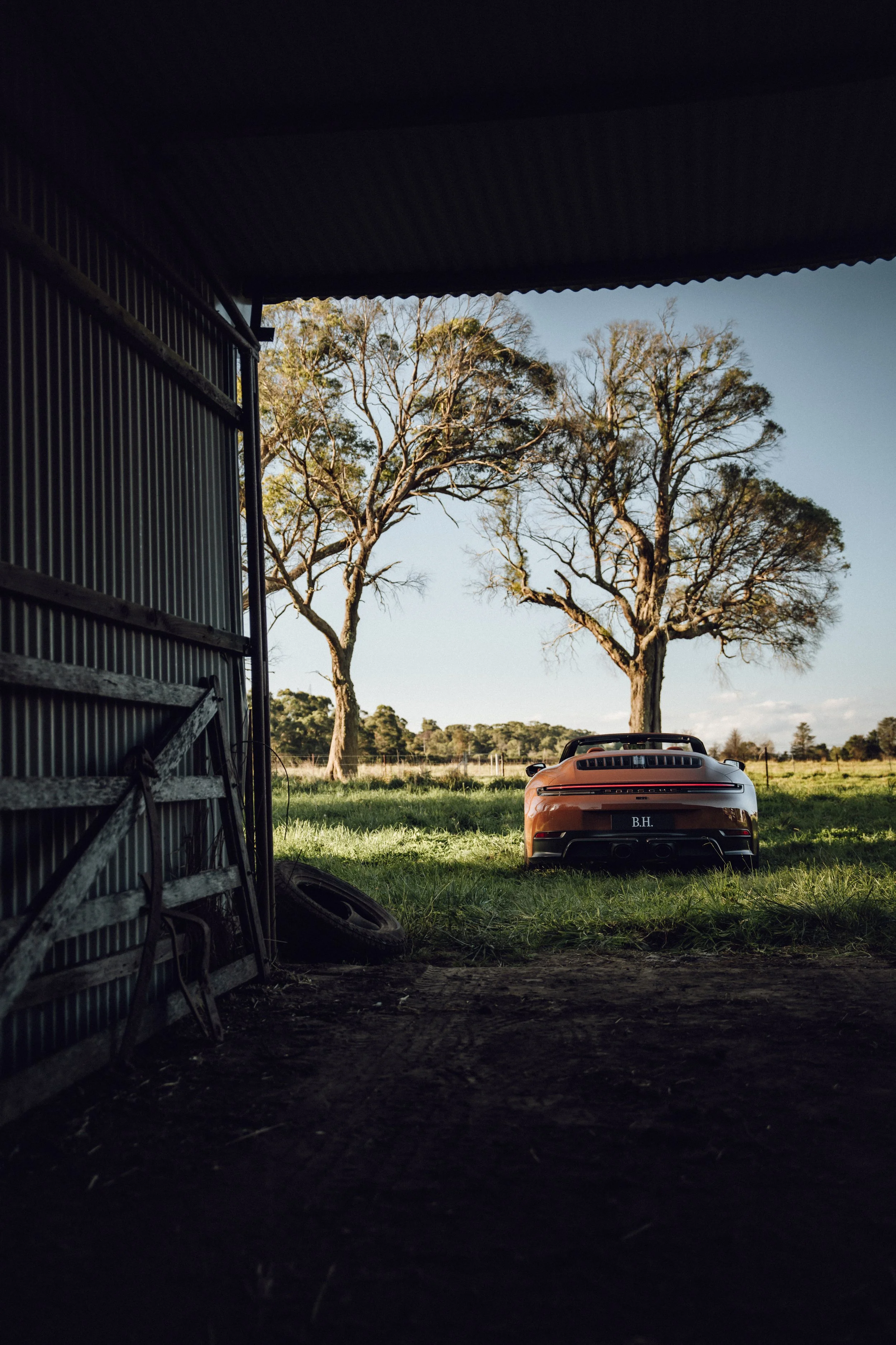 View of a red sports car parked on a grassy field outside a shed, with tall trees in the background and a blue sky.