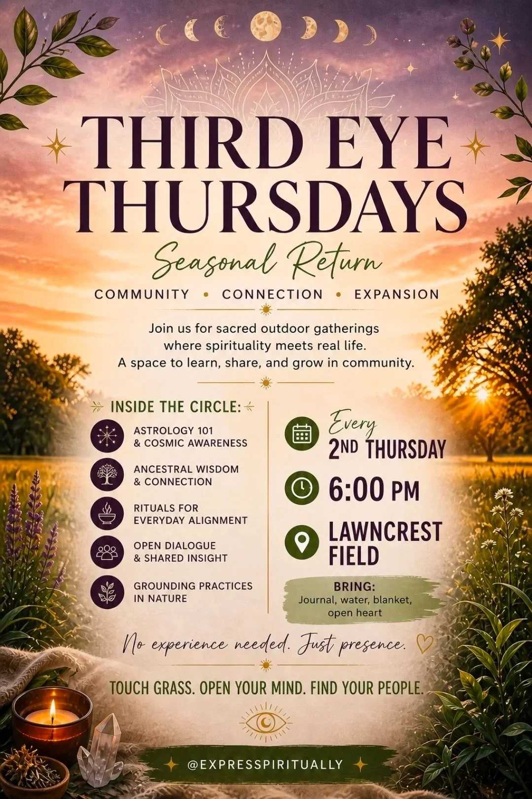 Poster for Third Eye Thursdays, a seasonal outdoor gathering about spirituality and community, featuring activities like astrology, ancestral wisdom, rituals, dialogue, and grounding practices, held every 2nd Thursday at 6:00 PM at Lawncroft Field.