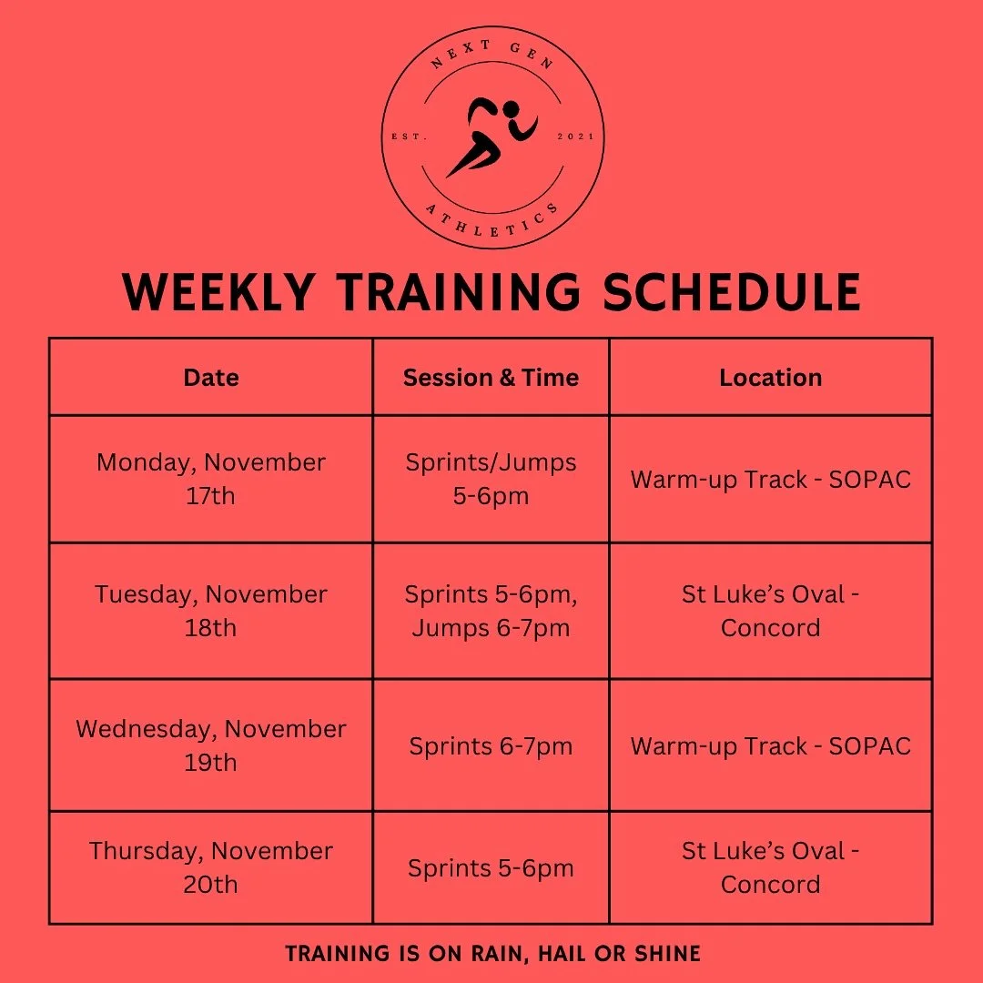 A new week means new opportunities to level up! 💥

This week&rsquo;s training schedule is mostly the same. Let&rsquo;s keep the momentum rolling, stay consistent, and keep putting in the work that pushes us forward! ⚡️

Next Gen Athletics | Training