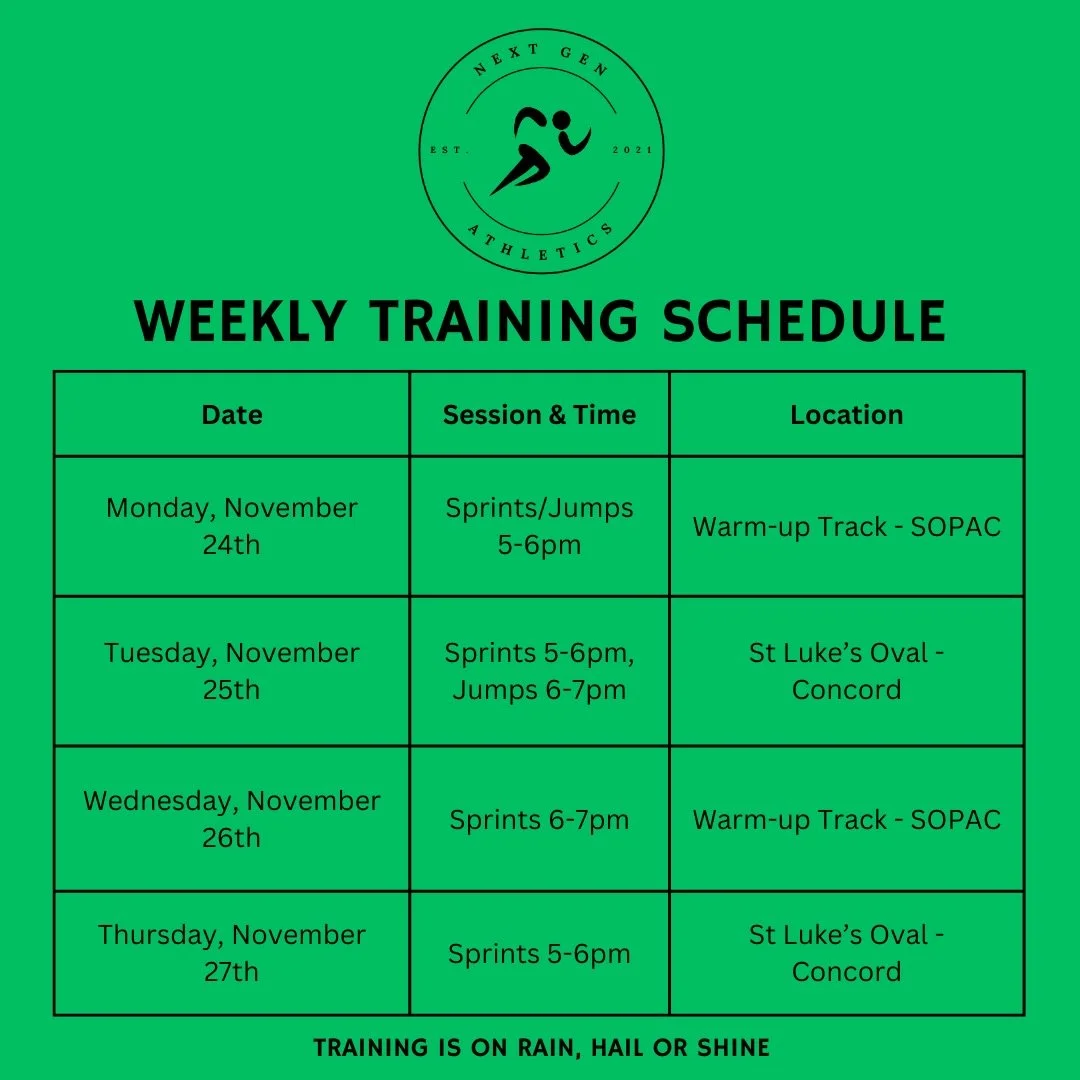 Another week to build, grow, and get better! 💥

Training stays mostly unchanged, so it&rsquo;s the perfect chance to lock in, stay consistent, and keep stacking quality sessions. Let&rsquo;s get after it this wee!!⚡️

Next Gen Athletics | Training T