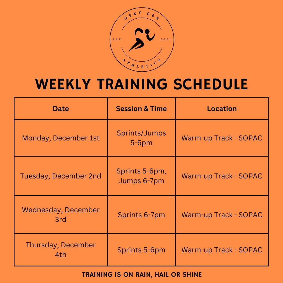 Another weekly schedule! 🔥

We&rsquo;re finally back to every session being at SOPAC! Let&rsquo;s get after it this week!!⚡️

Next Gen Athletics | Training Tomorrow&rsquo;s Champions Today

#NextGenAthletics #AthleteDevelopment #SprintTraining #Yout
