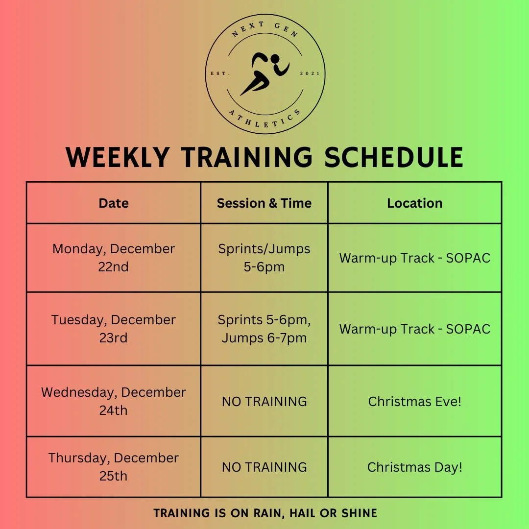 Happy Christmas Week!! 🎄

Next week training will only be on Monday and Tuesday due to the Christmas holidays. 

Let&rsquo;s finish the year strong &mdash; looking forward to another great week of training! ☀️

Next Gen Athletics | Training Tomorrow