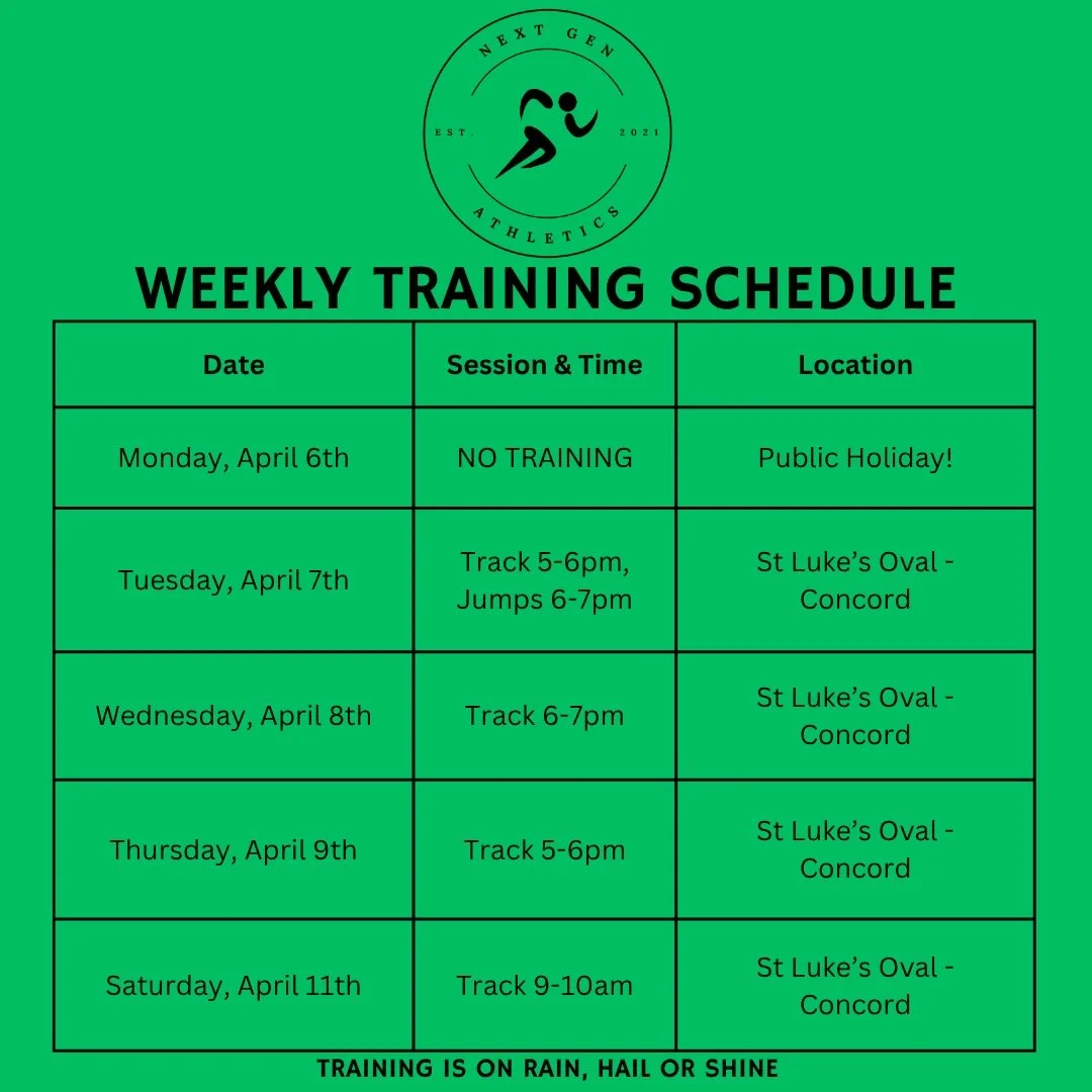 I hope everyone had a great Easter!! 🐣 

A few changes to the schedule for the rest of this week - we&rsquo;ll be at St Luke&rsquo;s Oval with the track in use for the Open National Championships. Then from next week, we&rsquo;ll be back to normal a