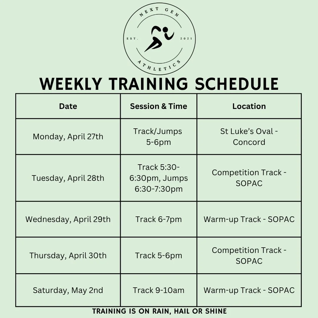 🚨 New Weekly Schedule!! 🚨

A few small updates to the schedule this week:

Monday will be at St Luke&rsquo;s Oval with one combined session from 5&ndash;6pm, covering both track and jumps.

Tuesday sessions will run slightly later from 5:30&ndash;7