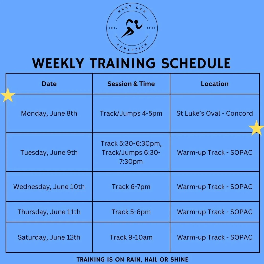 Another big week ahead for the Next Gen athletes 💪🏼

A quick reminder that Monday&rsquo;s session will be at St Luke&rsquo;s Oval from 4:00&ndash;5:00pm due to the public holiday. Apart from that, everything will run as normal throughout the week.
