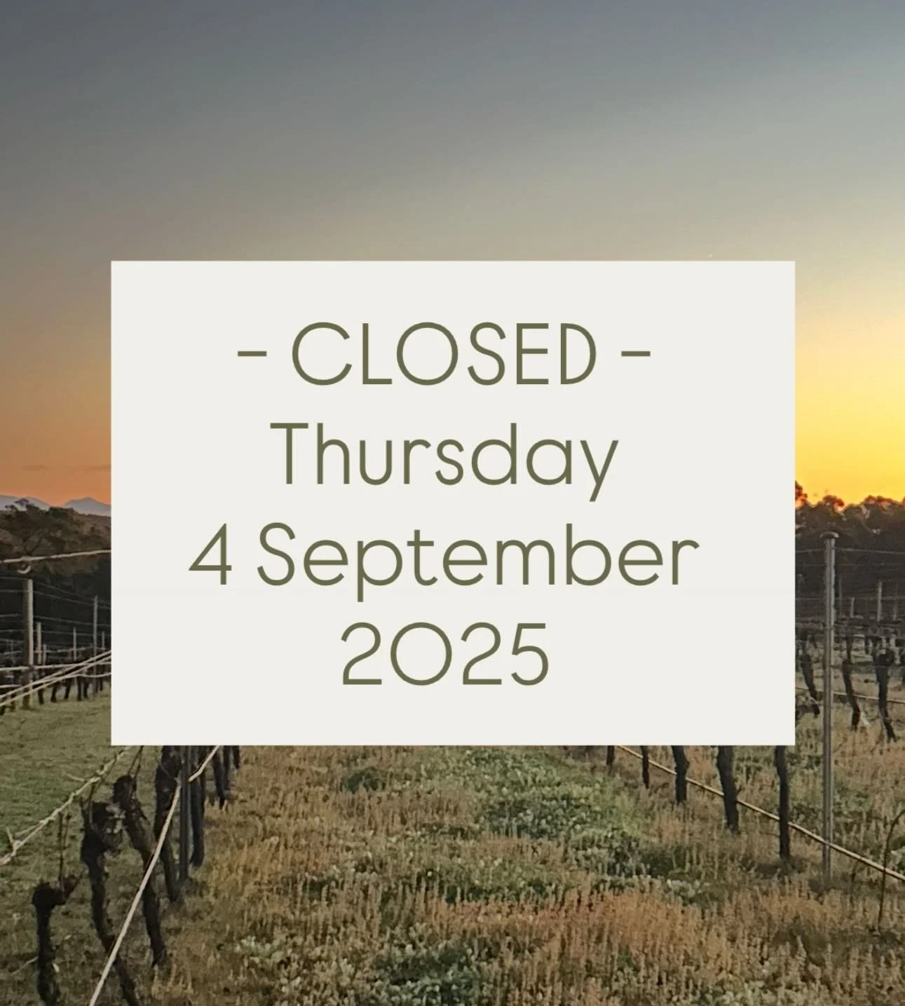 Hi all, 
We will be closed on Thursday, 4 September 2025. 
Apologies for any inconvenience. 
We look forward to opening our cellar and seeing you again on Friday. 
Cheers, 
The Harma Family