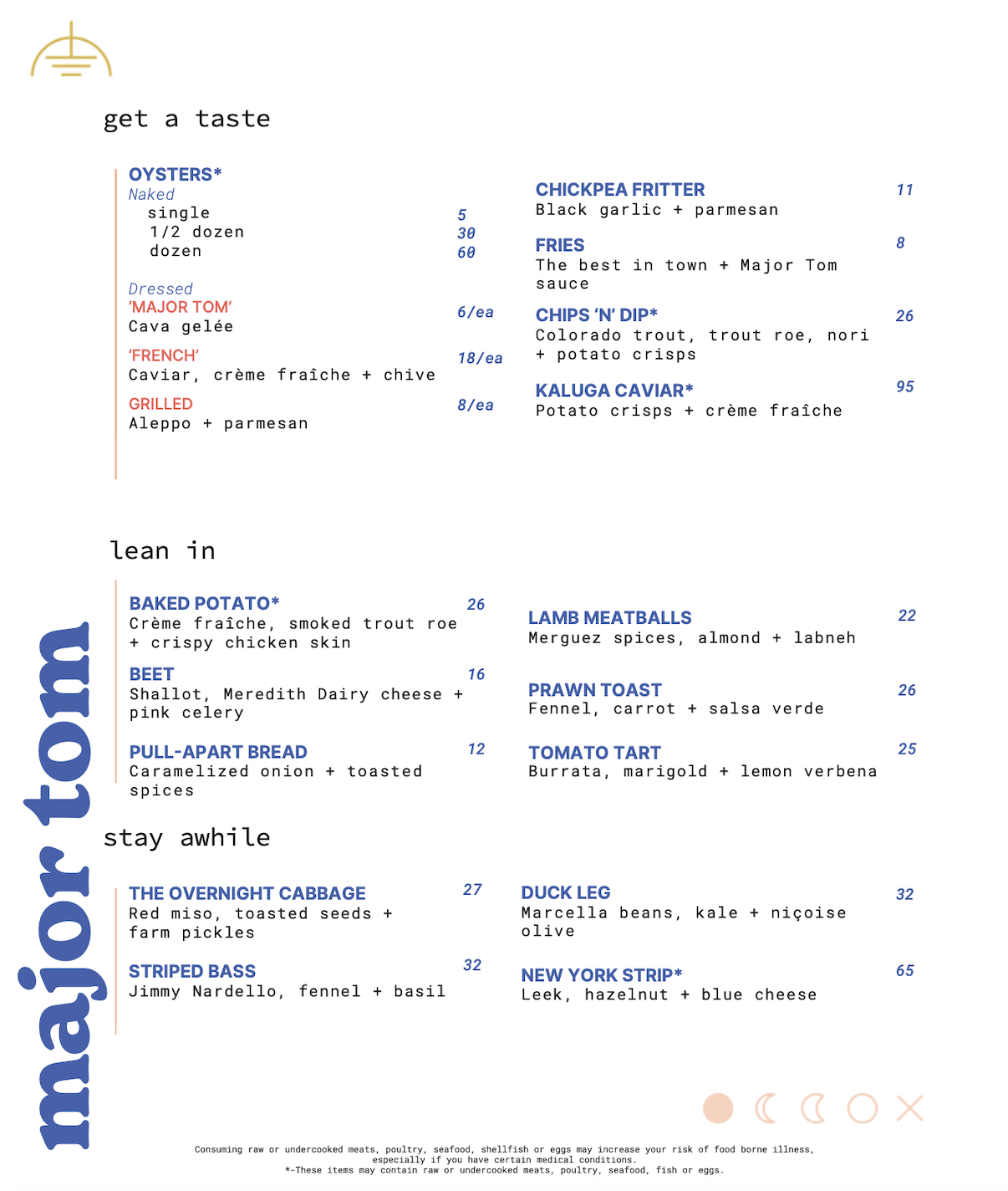 A restaurant menu featuring various appetizers, entrees, and side dishes, including oysters, chickpea fritter, chips 'n dip, kaluga caviar, baked potato, beet, pull-apart bread, lamb meatballs, prawn toast, tomato tart, and other dishes.