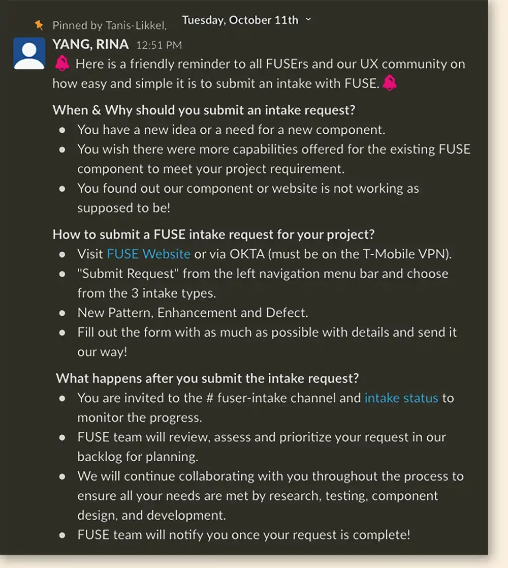 screenshot of slack announcement of how to submit component ideas.