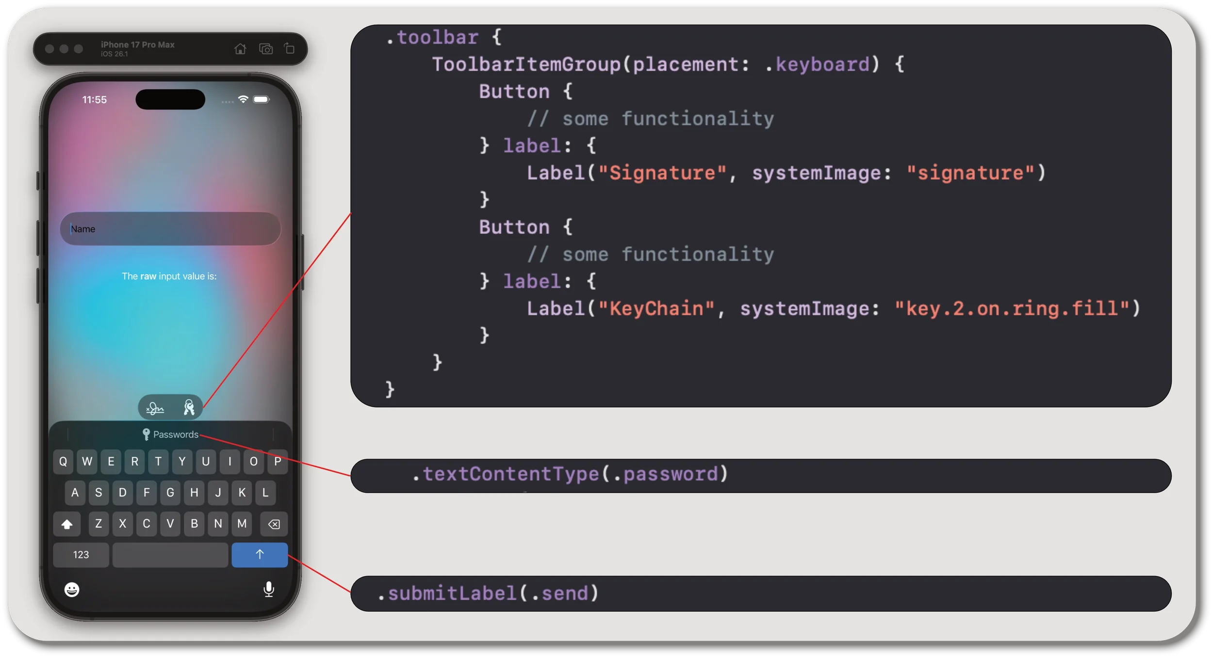 Customized keyboard, with toolbar, Password auto-complete and custom submit label