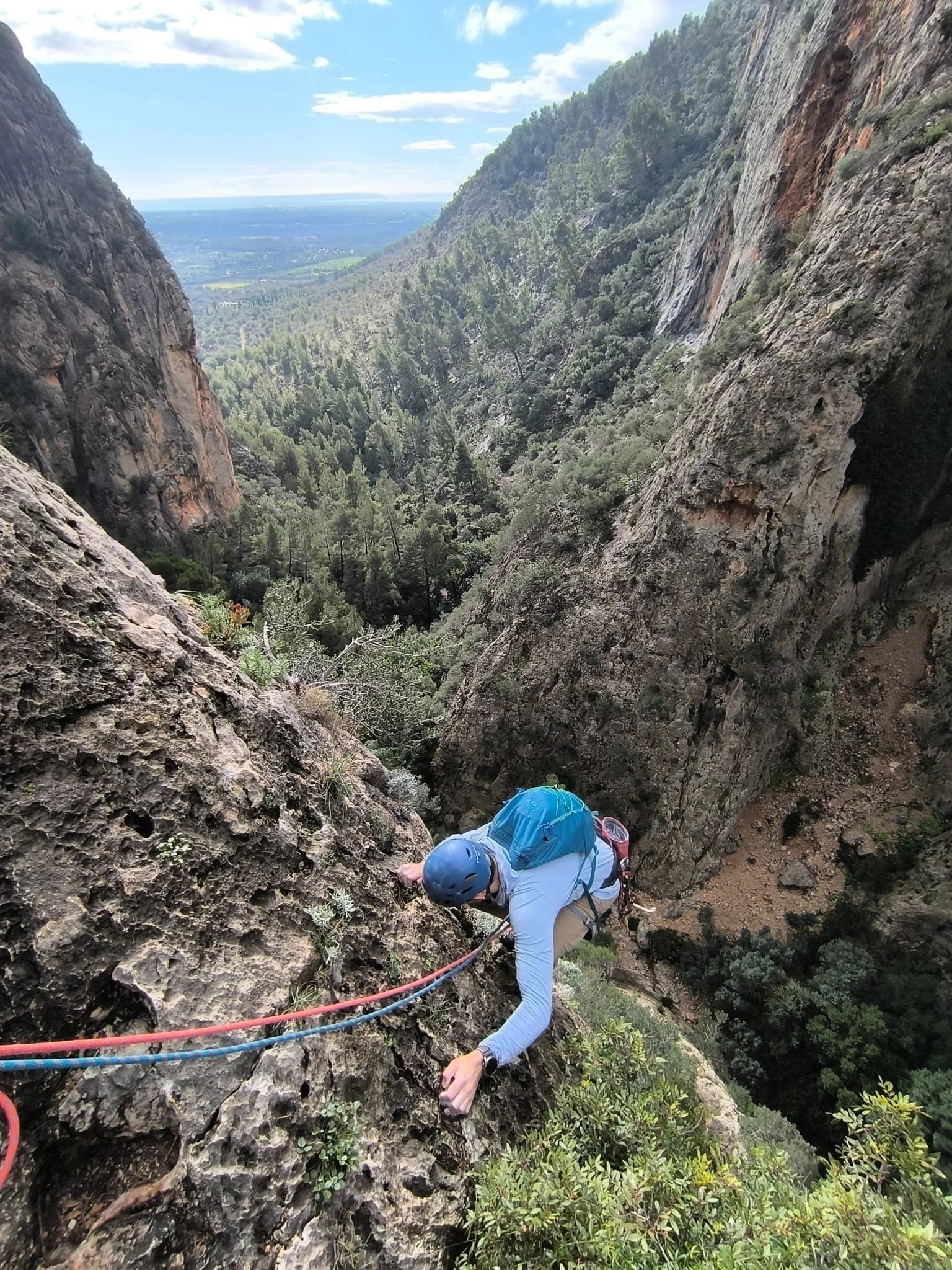 A person rock climbing on a steep mountain face with a harness and helmet, surrounded by cliffs and lush green forest below with a distant view of the landscape.