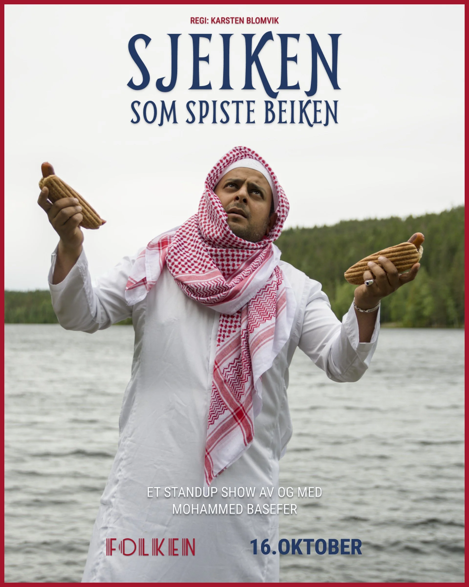 Bokomslag for «Sjeiken som spiste beiken» av Mohammed Basefer, med Mohammed i keffiyeh foran vann og grønne åser