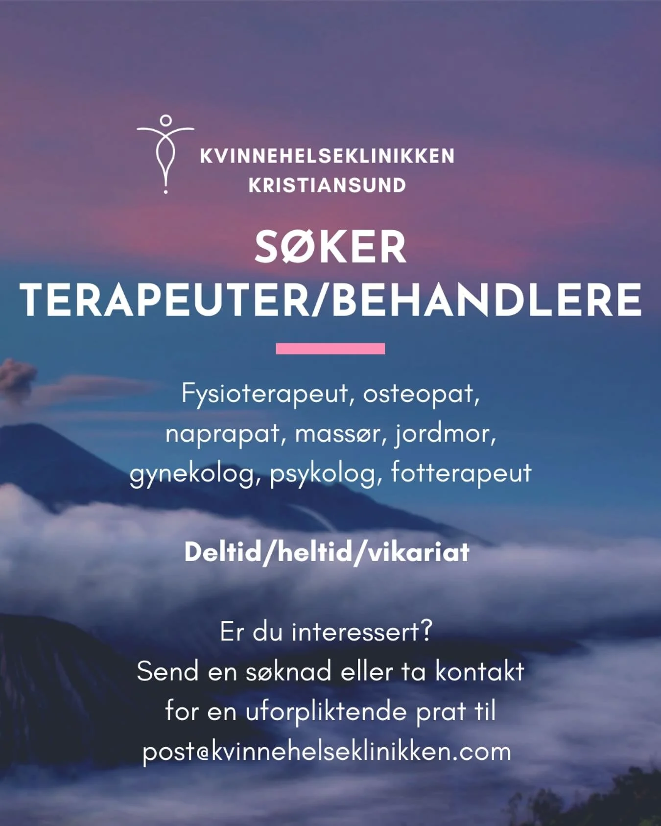 Er du v&aring;r nye kollega? 🤩

Vi ser etter deg som &oslash;nsker &aring; jobbe som selvstendig n&aelig;ringsdrivende p&aring; Kvinnehelseklinikken. 

Fysioterapeut, jordmor, gynekolog, osteopat, kiropraktor, naprapat, psykolog, samtaleterapeut ol.