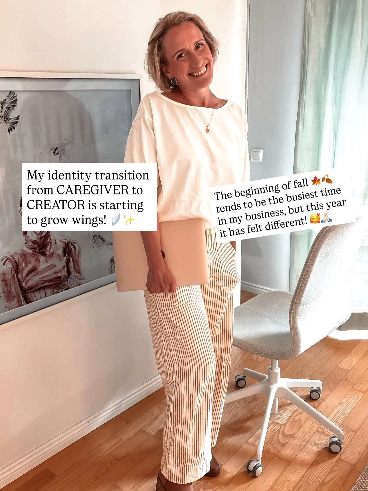 My identity transition from CAREGIVER to CREATOR is starting to grow wings! 🪽✨✨✨

The beginning of fall 🍁🍂 tends to be the busiest time in my business, but this year it has felt different! 🥰🙏🏻

I have been able to be truly CREATIVE and challeng