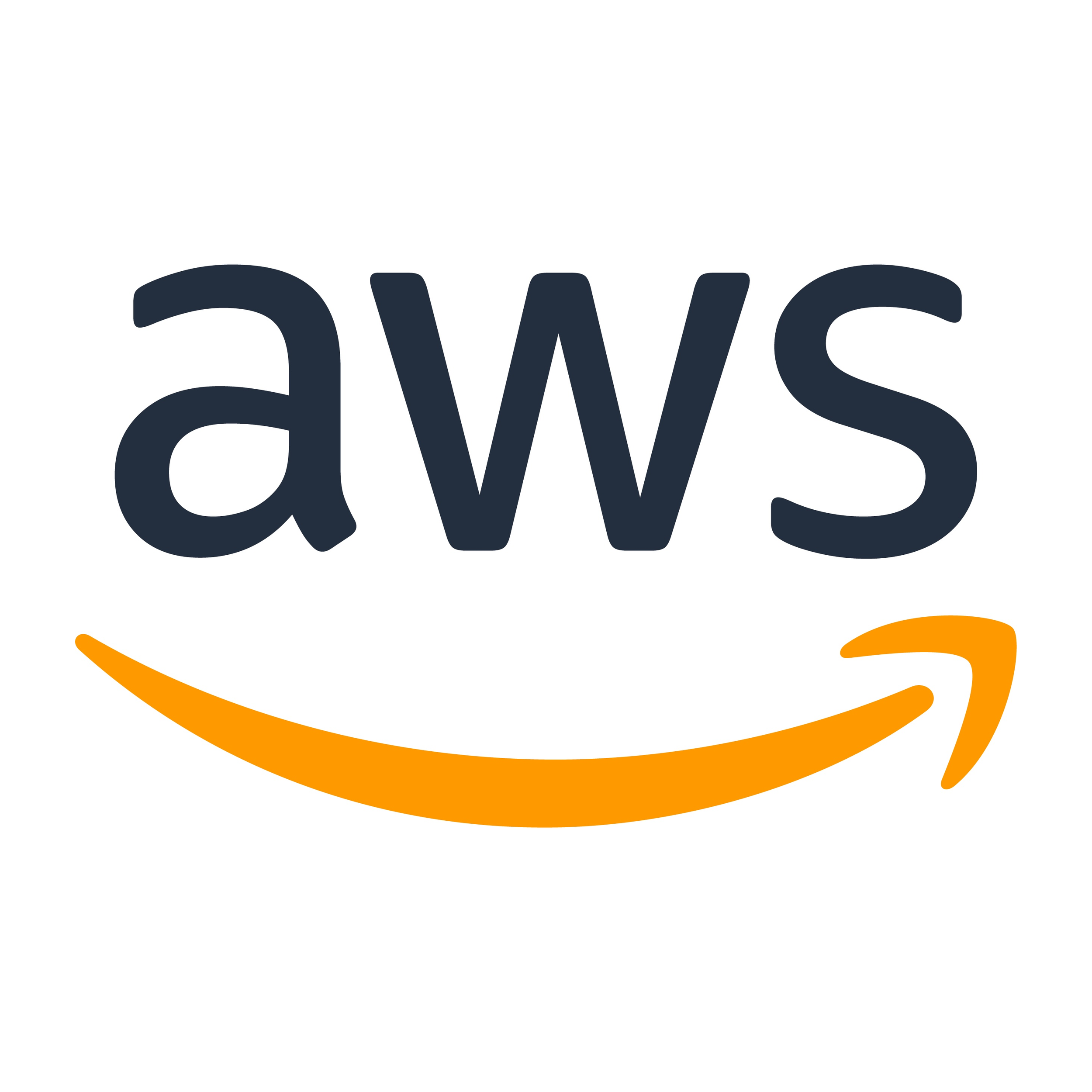 Amazon Web Services (AWS) logo with black text and orange curved arrow.