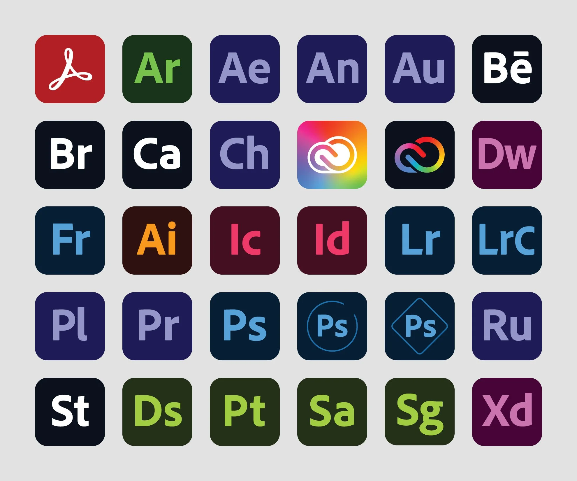 A grid of colorful icons representing Adobe Creative Cloud applications arranged in five rows and seven columns.