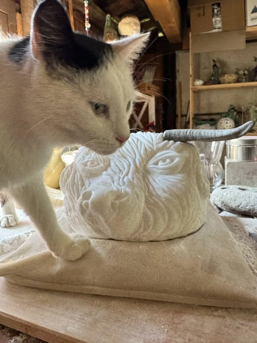 Eine Katze neben einer Steinskulptur eines Tierkopfes mit Hörnern, vermutlich in einem Atelier oder Werkstatt.
