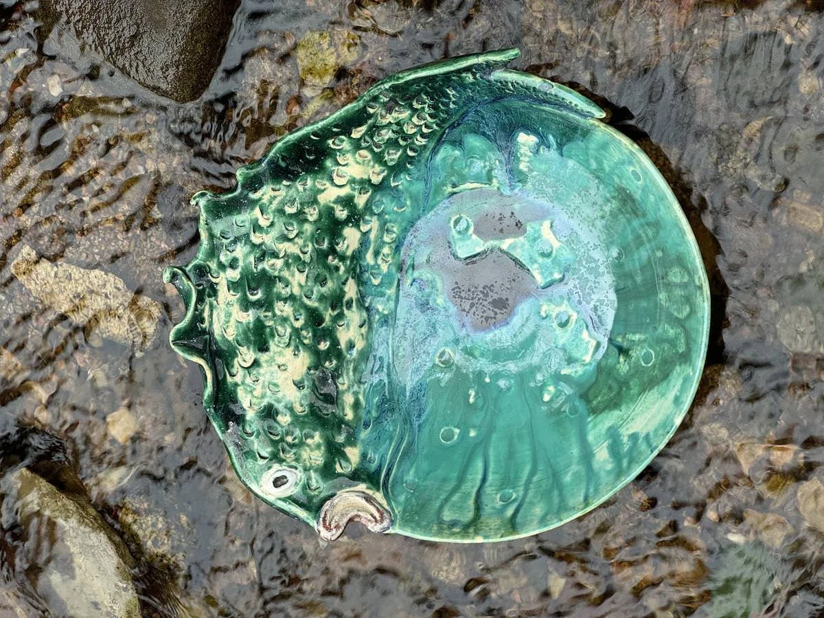 Keramikteller oder Skulptur in Form eines grünen, fischartigen Wesens, liegt im Wasser auf einem steinigen Hintergrund.