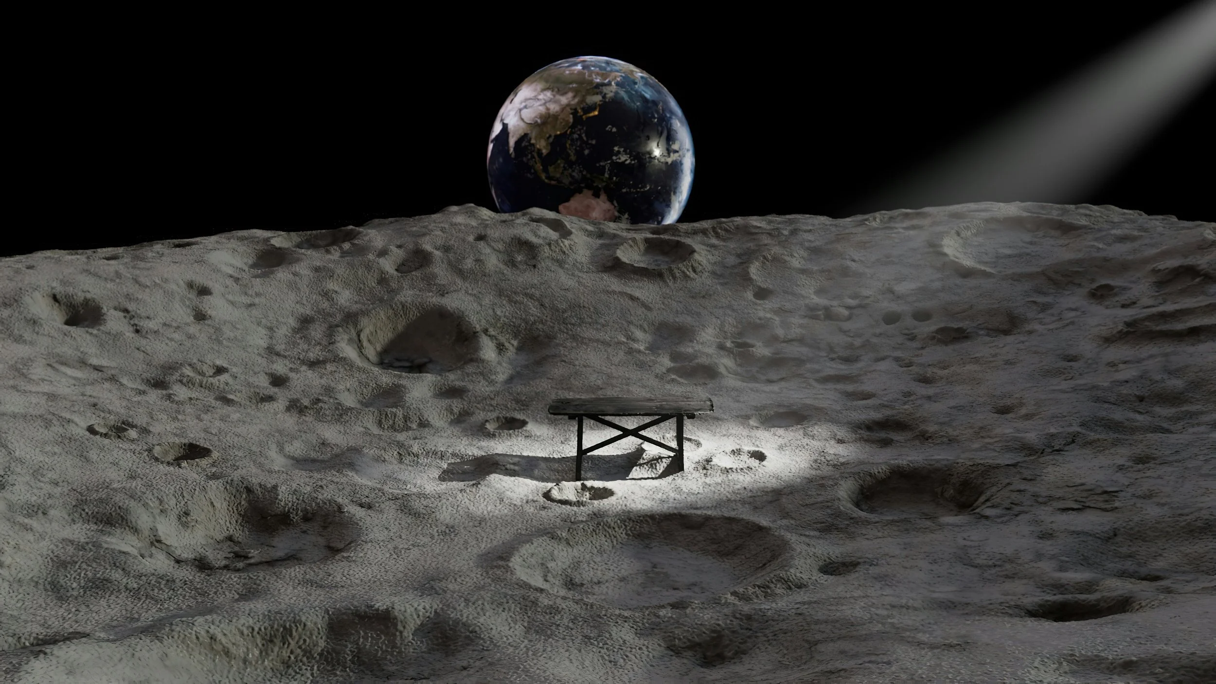 Zhang Jie for Unsplash Empty picnic table on moonscape