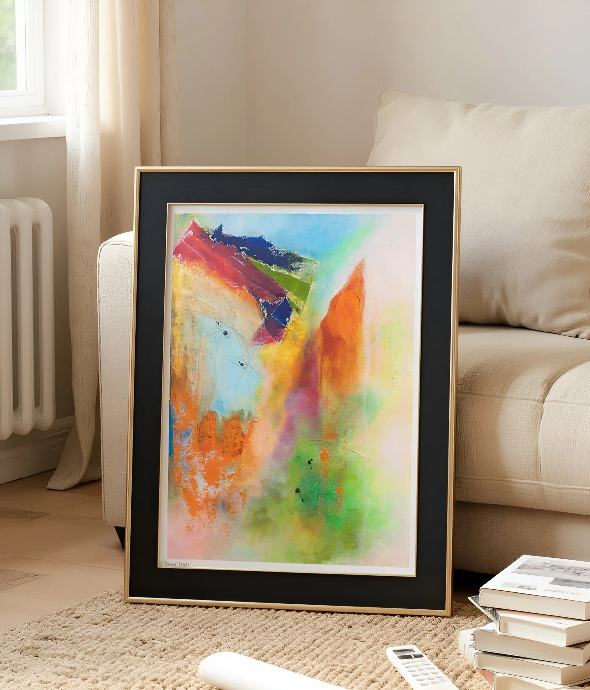 Colorful abstract painting resting on the floor inside a living room next to a beige sofa, with books and a remote control nearby.