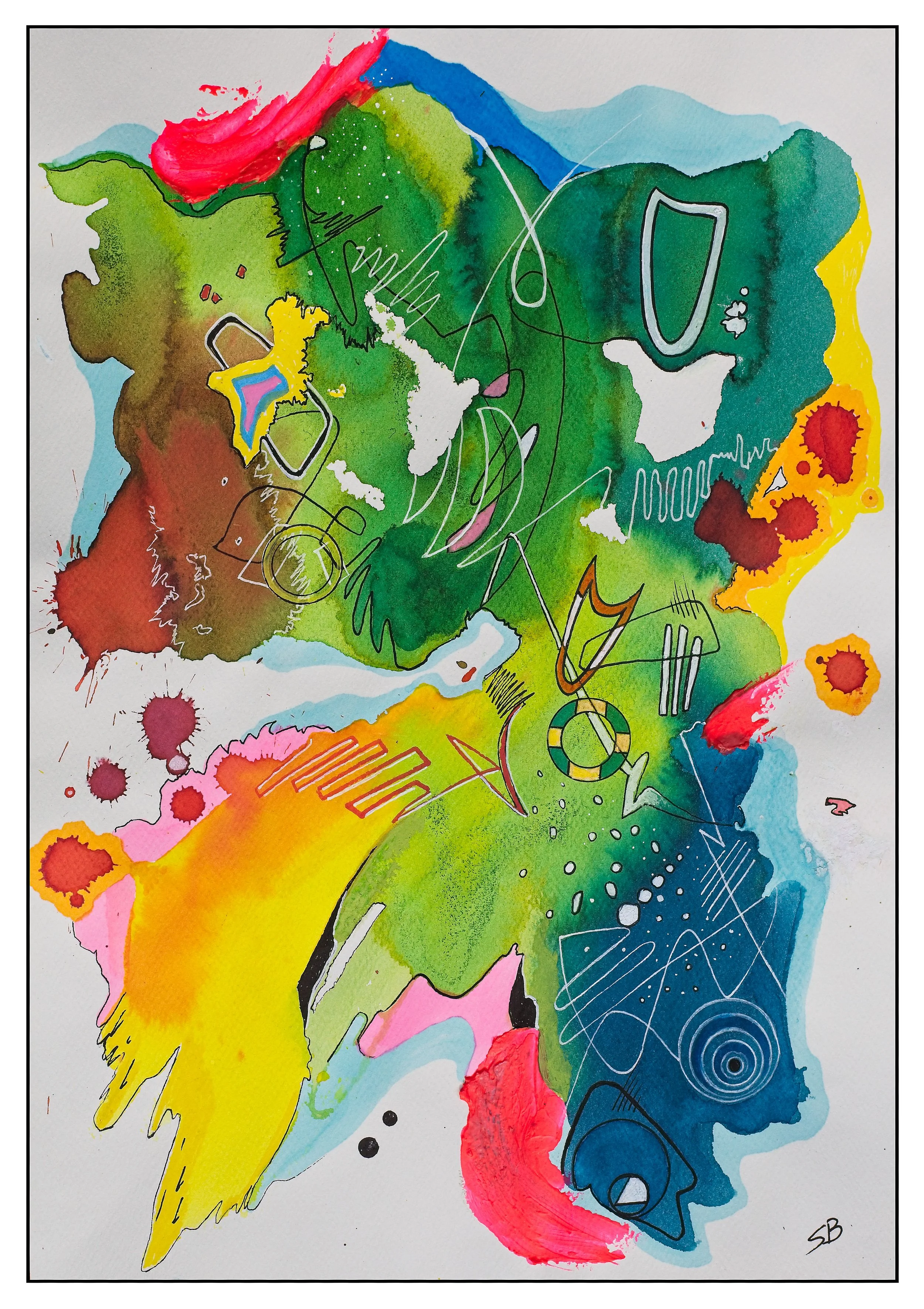 Abstract watercolor painting with splashes of yellow, green, blue, red, pink, and brown, overlaid with white and black lines and shapes.