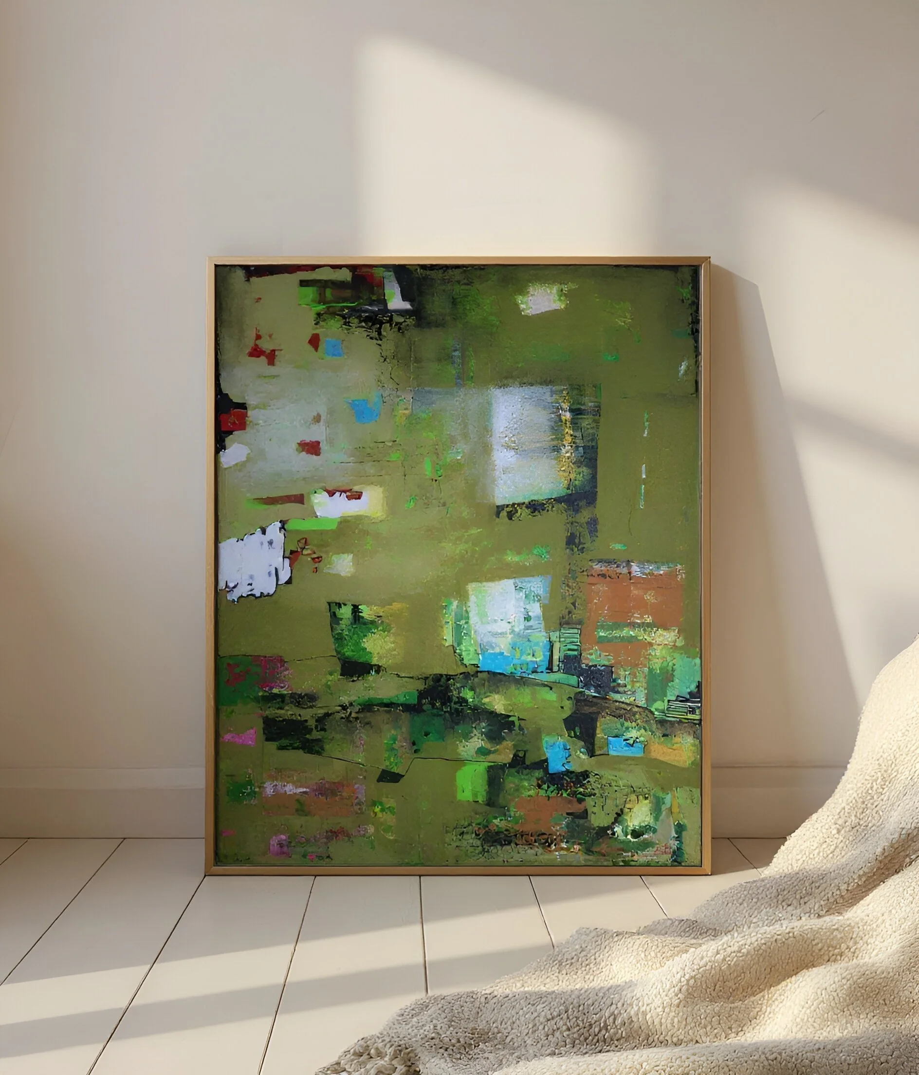 Abstract painting with green, blue, white, and brown colors leaning against a beige wall, with sunlight casting shadows and a cream-colored blanket in the foreground.