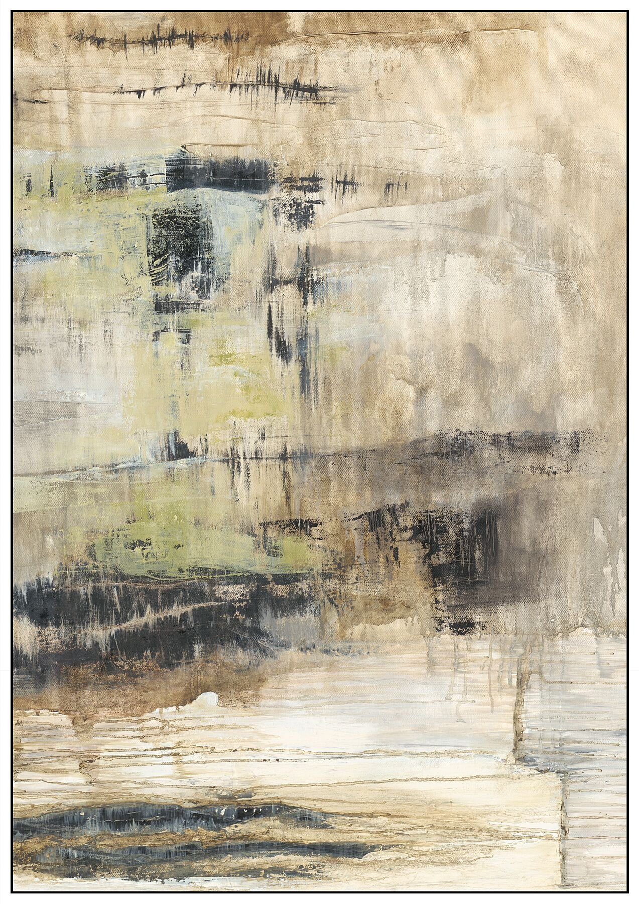 Abstract painting with neutral tones, including beige, black, white, and hints of yellow and green, featuring layered brushstrokes and textured patterns.