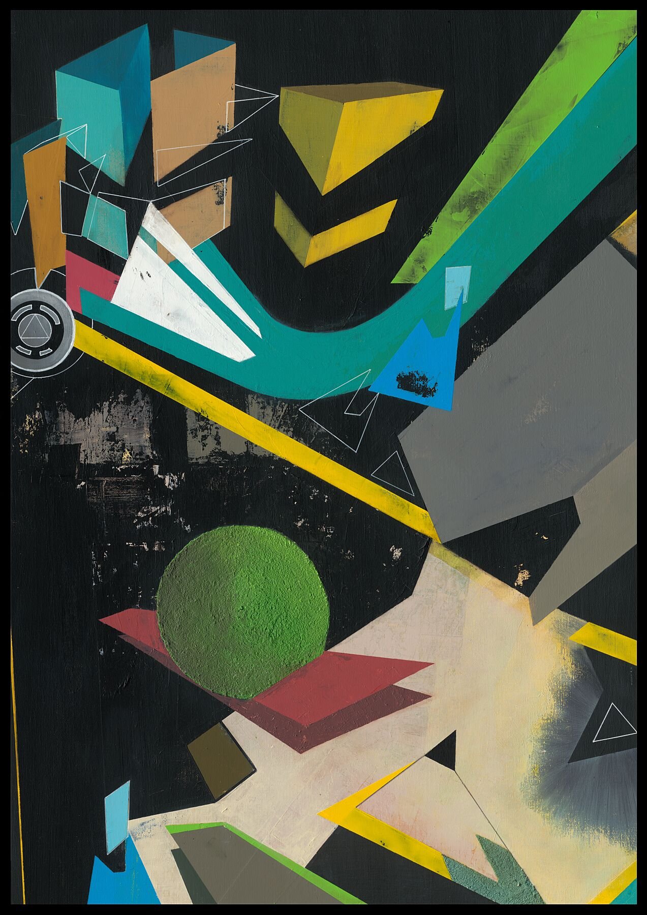 Abstract modern geometric artwork with colorful shapes including triangles, rectangles, squares, and a green circle, against a predominantly black background.