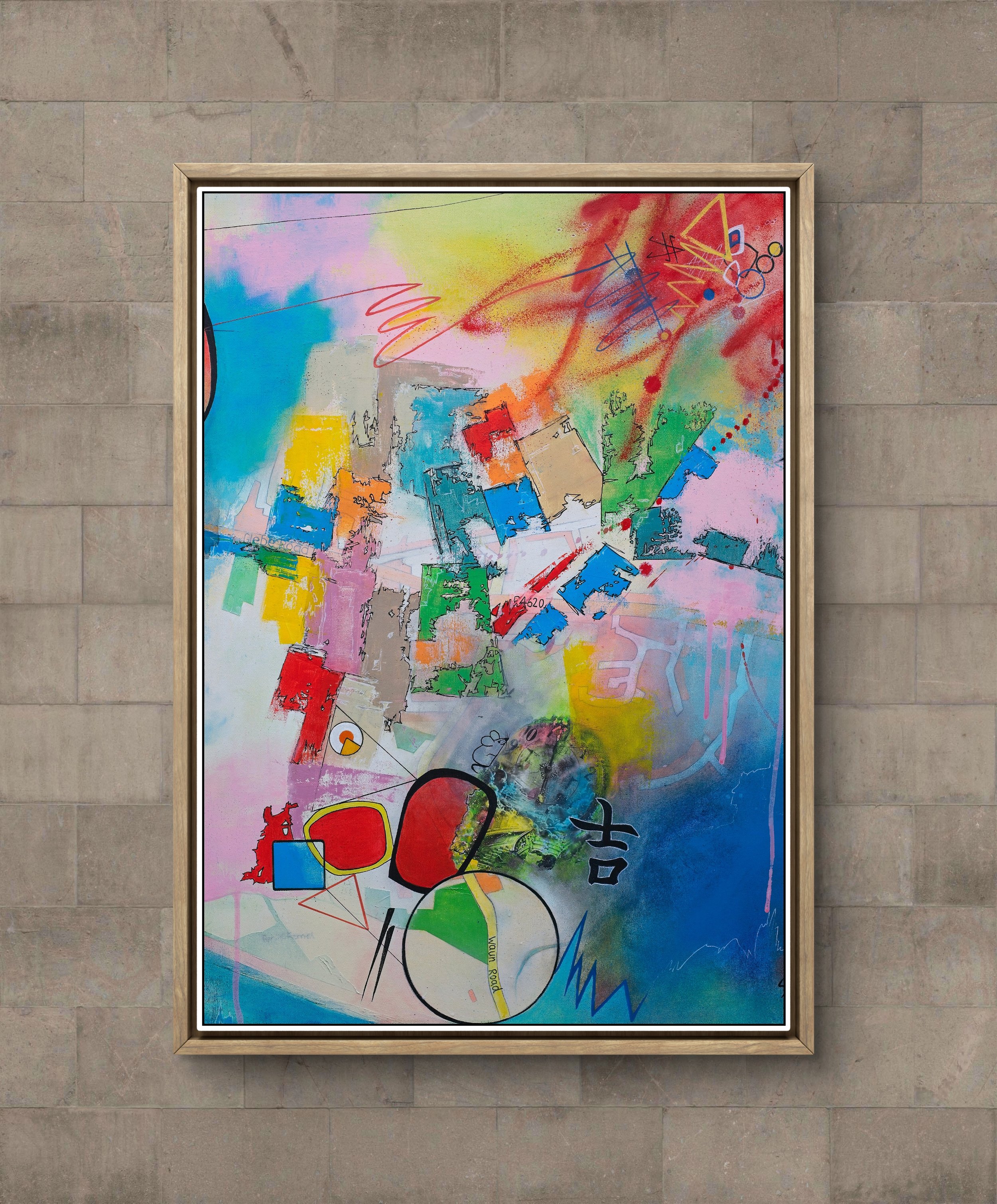 Colorful abstract graffiti-style painting with various shapes, splashes, lines, and scribbles in multiple colors on a wall.