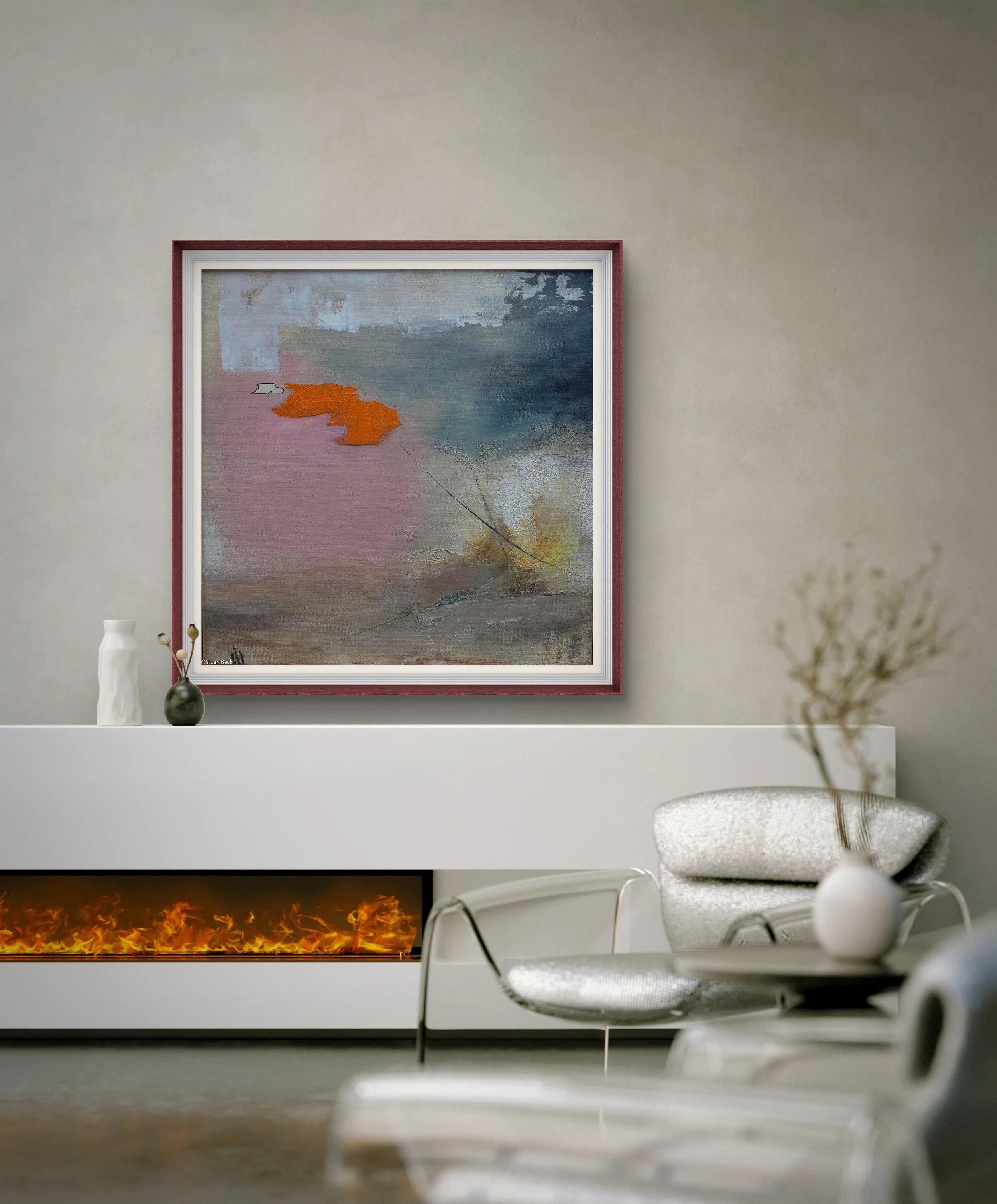 Modern living room with abstract painting on the wall, electric fireplace, white sideboard, vases, and a metallic chair with a white cushion.