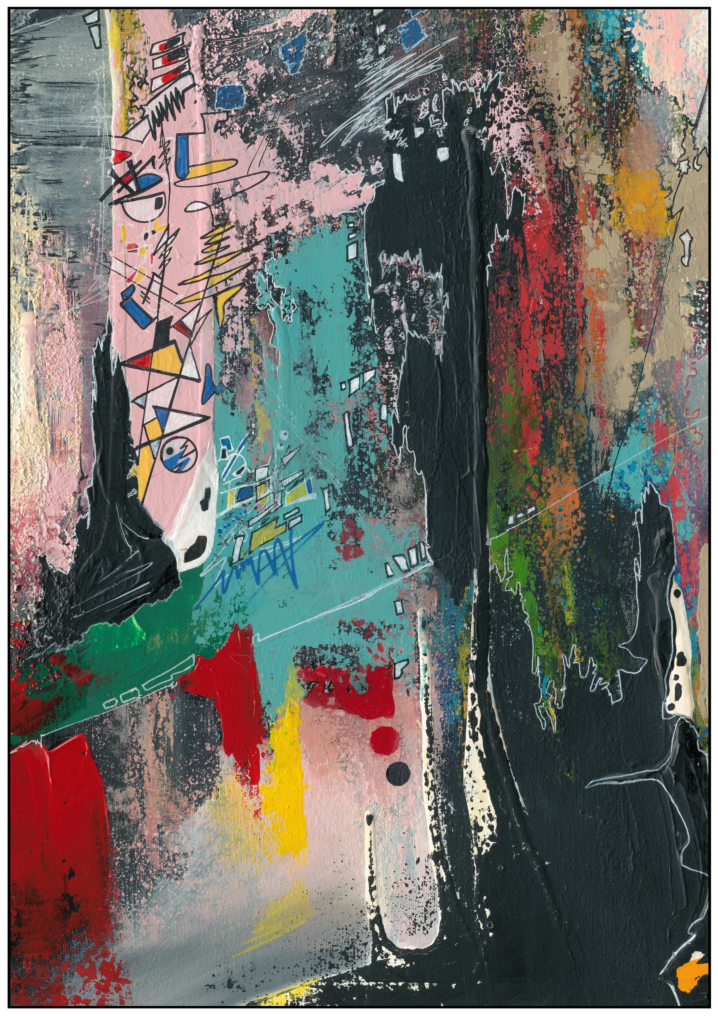 Abstract artwork featuring vibrant splashes of colour, including red, yellow, green, and blue, with various lines, shapes, and scribbles on a textured surface.