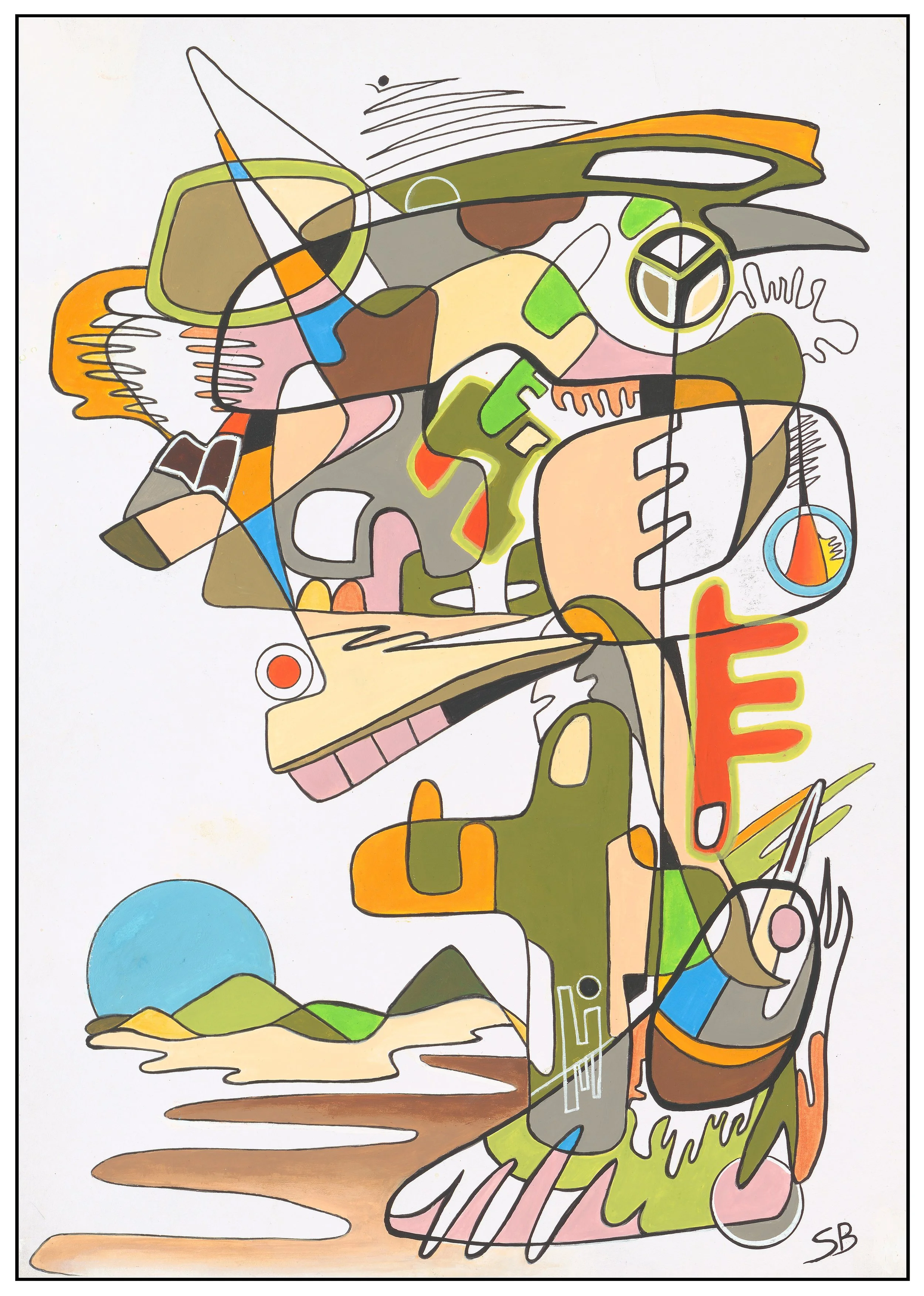 Abstract colorful painting with various shapes, lines, and patterns, including a blue circle, orange, green, pink, brown, black, and white elements, signed with the initials 'SB'.