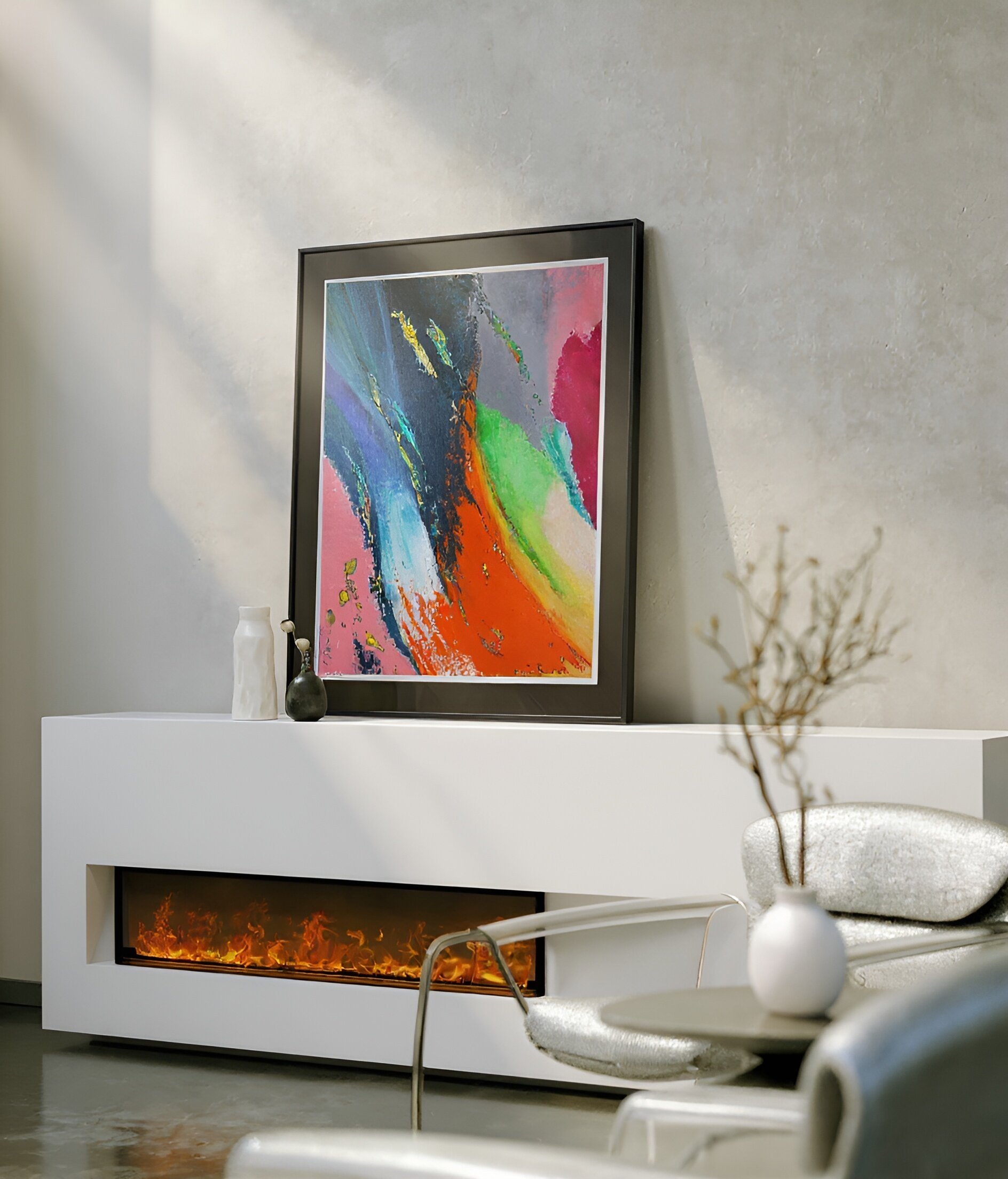Modern living room with abstract colorful painting on the wall, white fireplace, vases on the mantel, and a white armchair with a gray pillow and a small side table with a white vase and branches.