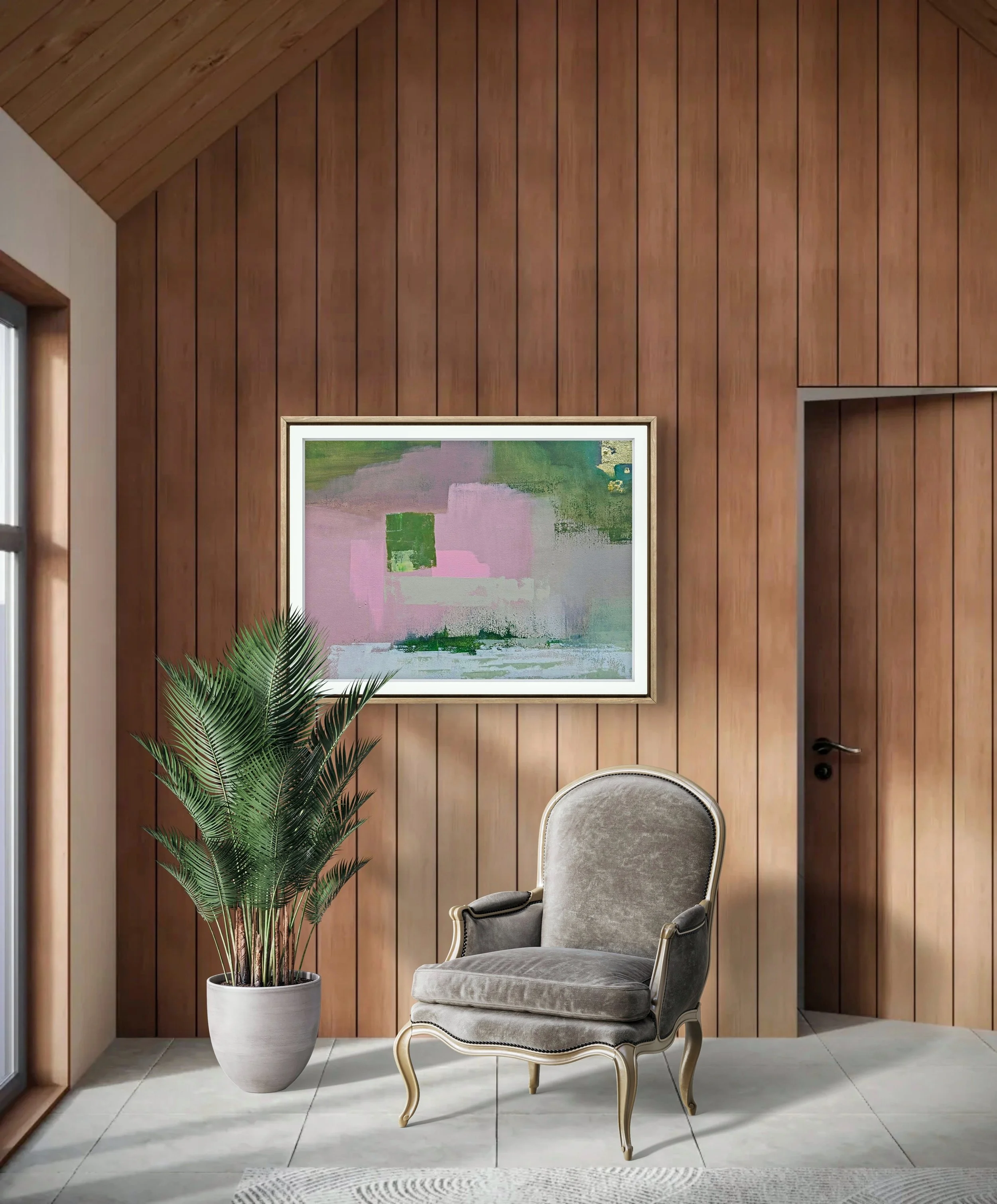 A cozy corner with a vintage armchair, a potted plant, a modern abstract painting on wood-paneled wall, and a large window.