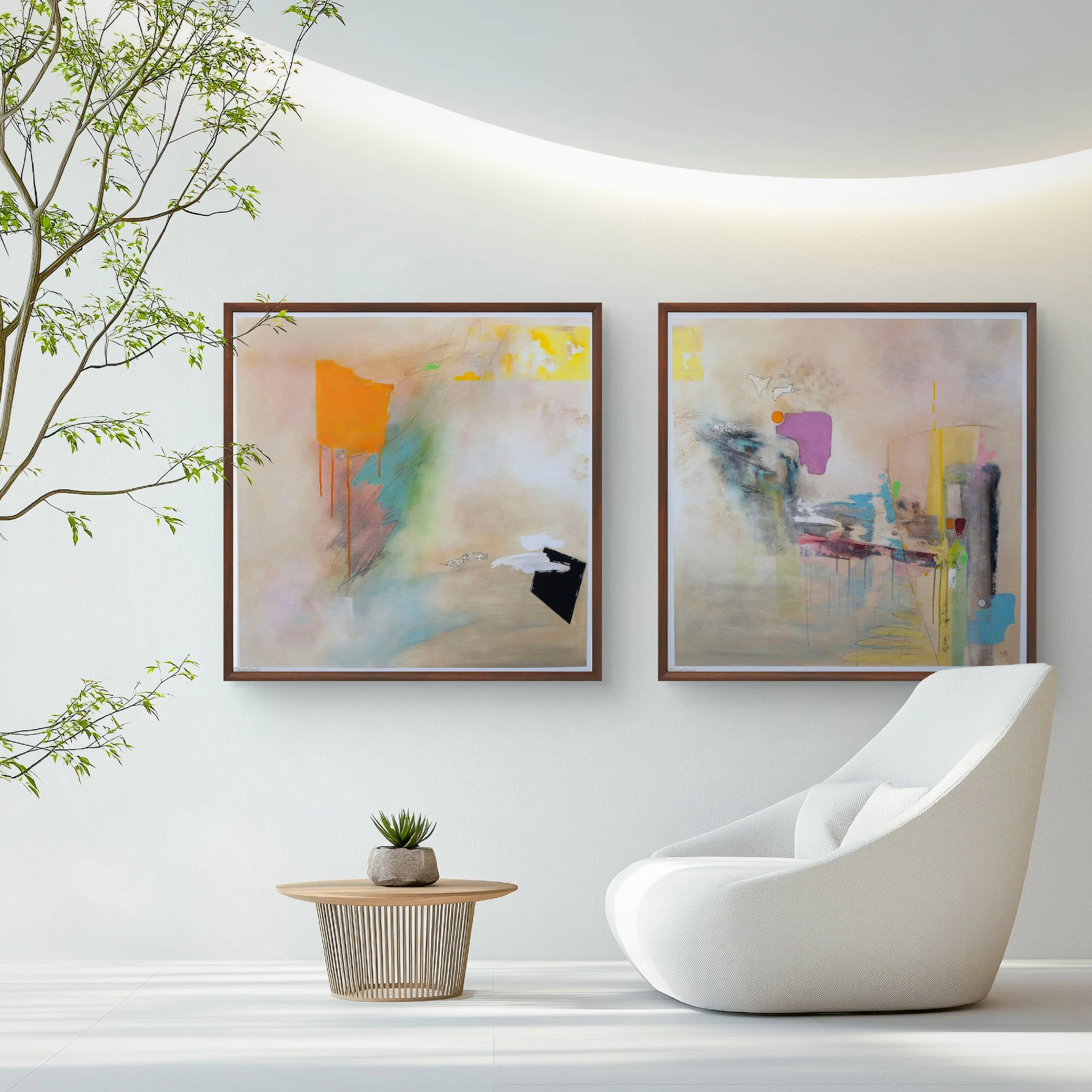 Modern minimalist interior with two abstract paintings on a white wall, a white curved lounge chair, a small round wooden table with a potted plant, and a tall indoor plant on the left.
